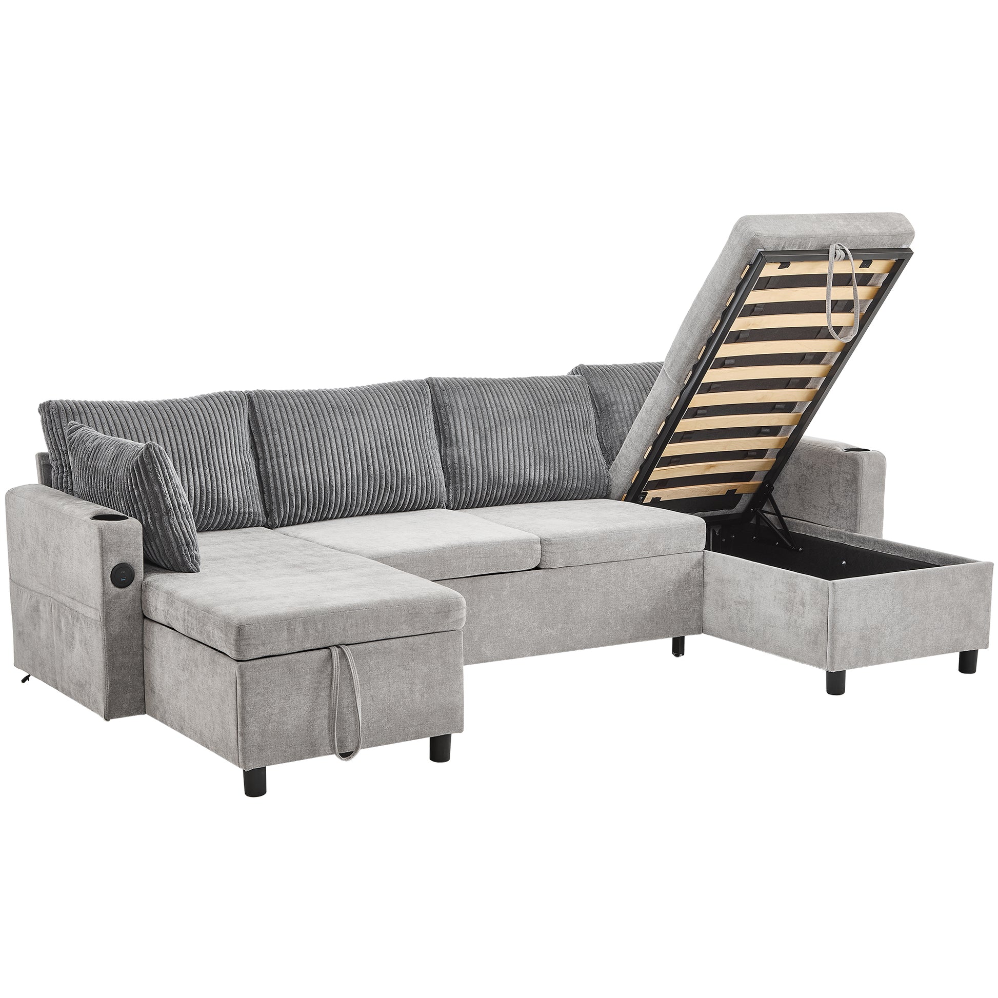 111.8" Sectional Sofa Pull Out Sofa Bed Versatile Sofa Sleeper With Large Storage Space, Two Usb Ports And Two Cup Holders For Living Room, Grey Grey Foam Chenille 4 Seat