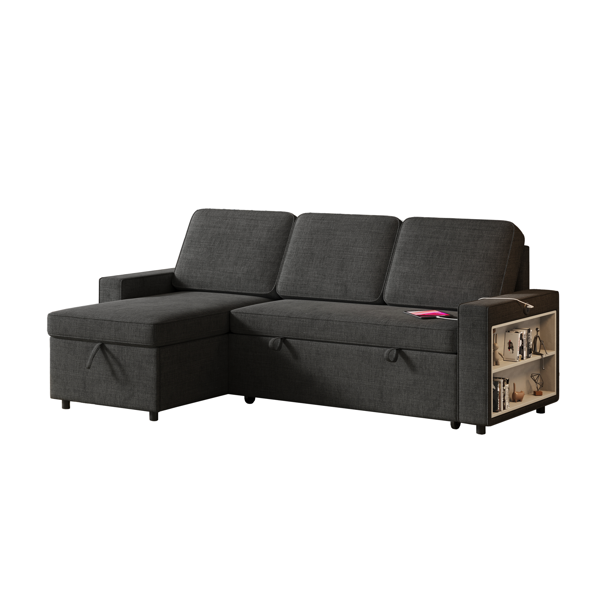 85.8" Pull Out Sleeper Sofa L Shaped Couch Convertible Sofa Bed With Storage Chaise And Storage Racks,With Usb Port And T Pyce Port Black Fabric 3 Seat