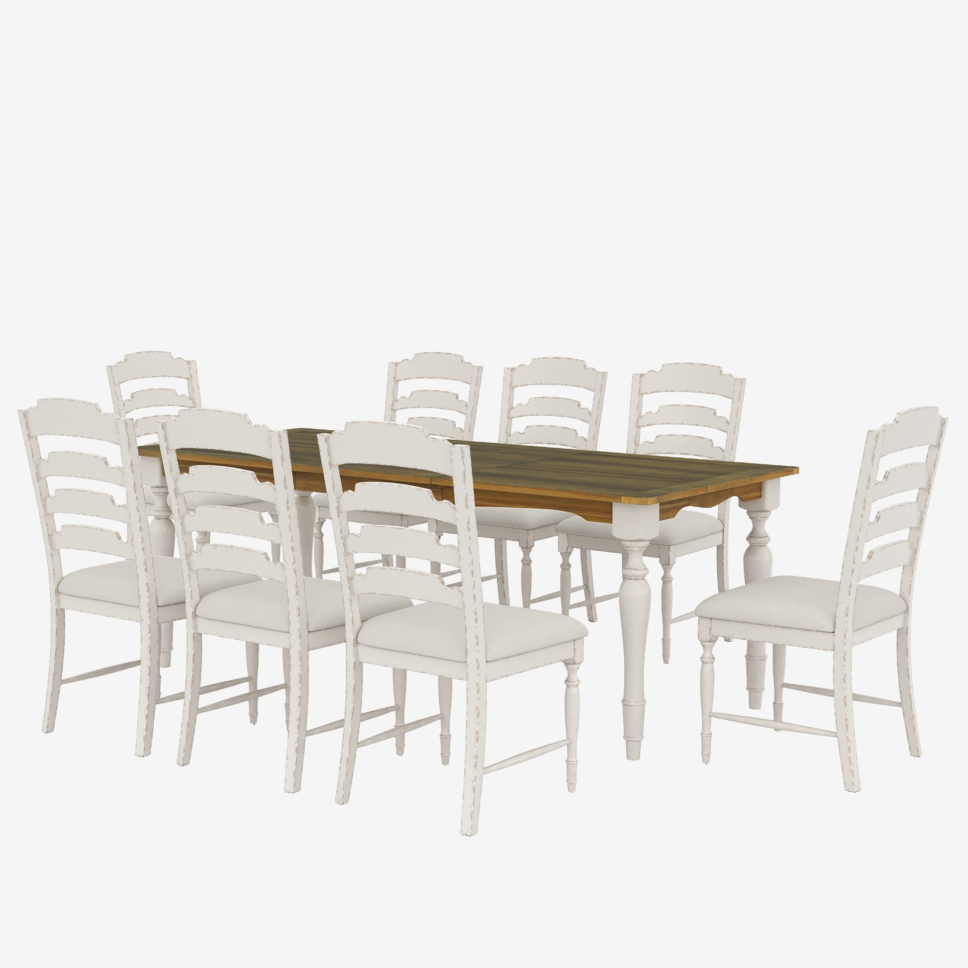 Vintage Traditional 9 Piece 82.7Inch Extendable Dining Table Set With 23.6Inch Removable Leaf And 8 Upholstered Dining Chairs For 8, Brown Cream Wood Dining Room Distressed Finish Rubberwood Rectangular Dining Table With Bench Wood Wood Cream Brown Seats