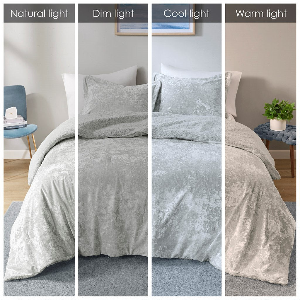 Crushed Velvet Sherpa Reversible Comforter Set King Grey Polyester