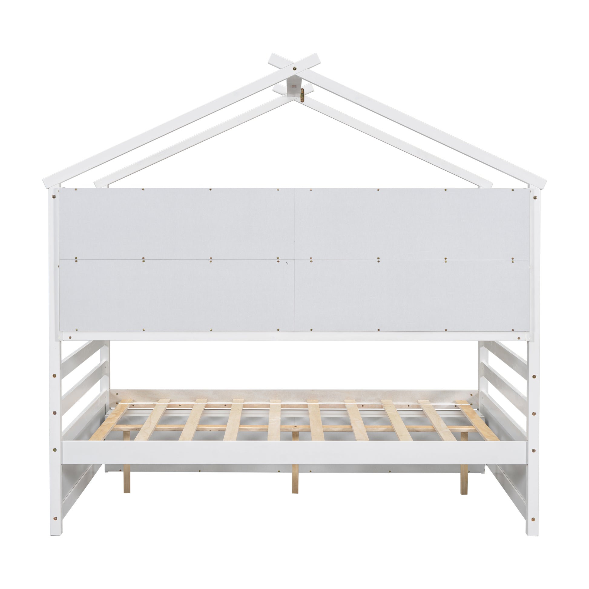 Full House Bed With Roof Frame, Bedside Shelves, Under Bed Storage Unit,White Full White American Design Pine