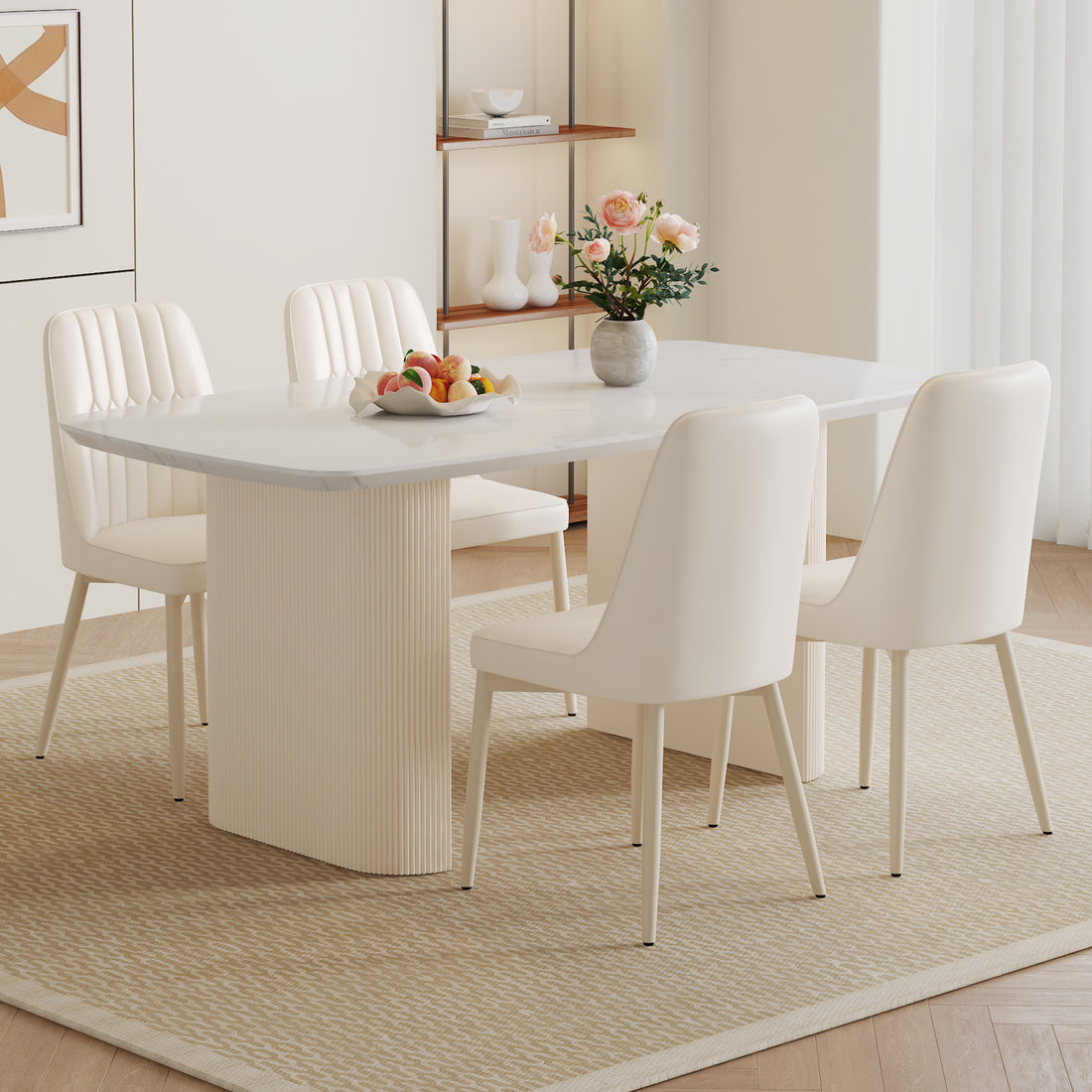 Table And Chair Set.67*35.4 Cream Style Mdf White Dining Table Set With 4 Cream Style Chairs.Adding A Warm And Gentle Atmosphere To Your Family.Creating A Comfortable And Friendly Dining