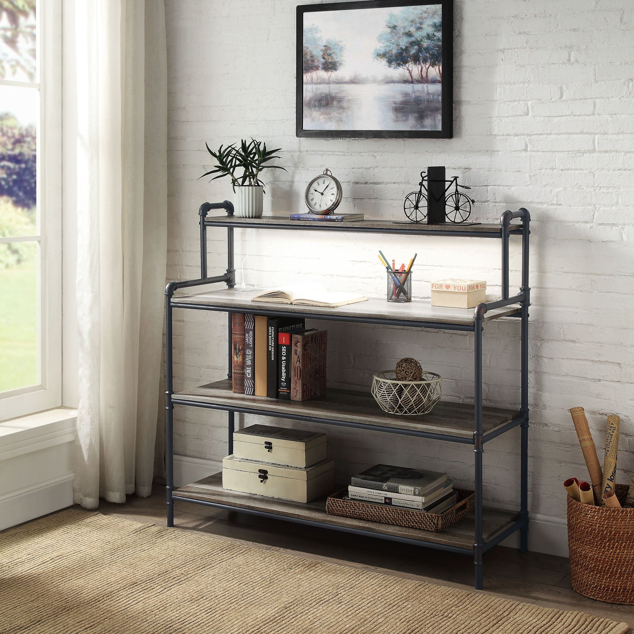 Antique Oak And Sandy Black Bookshelf With Usb 4 Natural Black Horizontal Primary Living Space Open Back Adjustable Shelves Wood Metal