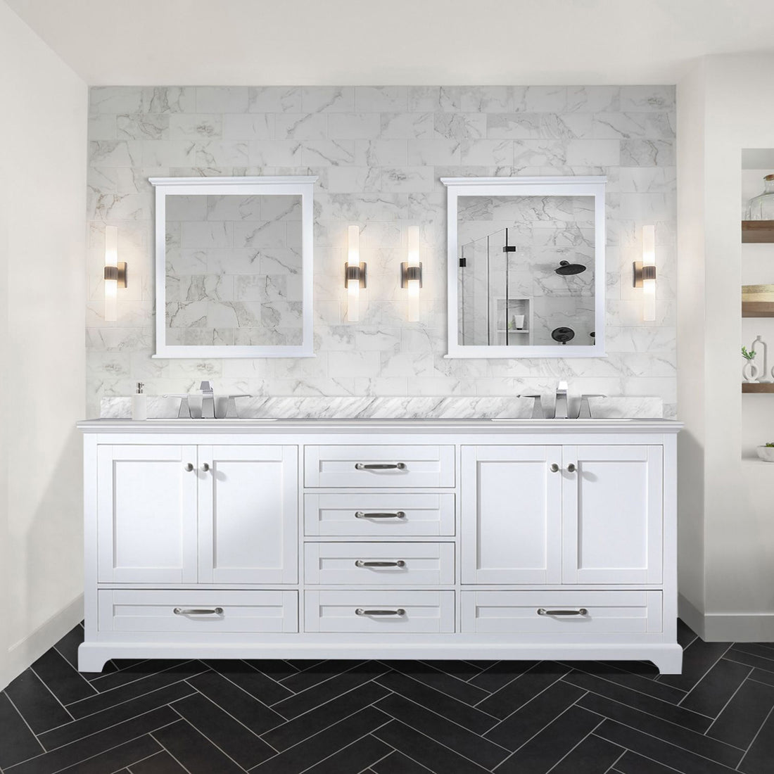 White Double Bath Vanity 80 In. W X 22 In. D, With Carrara Marble Top White Plywood Wood