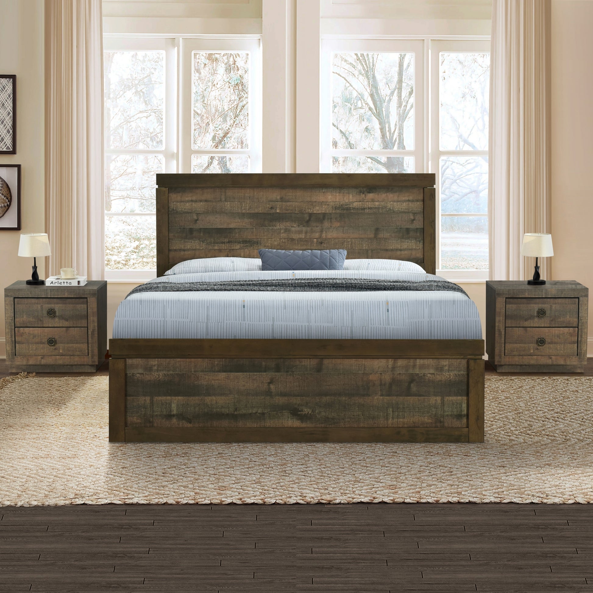 3 Pieces Vintage Farmhouse Style Full Size Platform Bed With 10 Wooden Slats Support 2 Nightstands, No Box Spring Needed, Rustic Brown Box Spring Not Required Full Rustic Brown Wood 3 Piece Set Bedroom Traditional Plywood