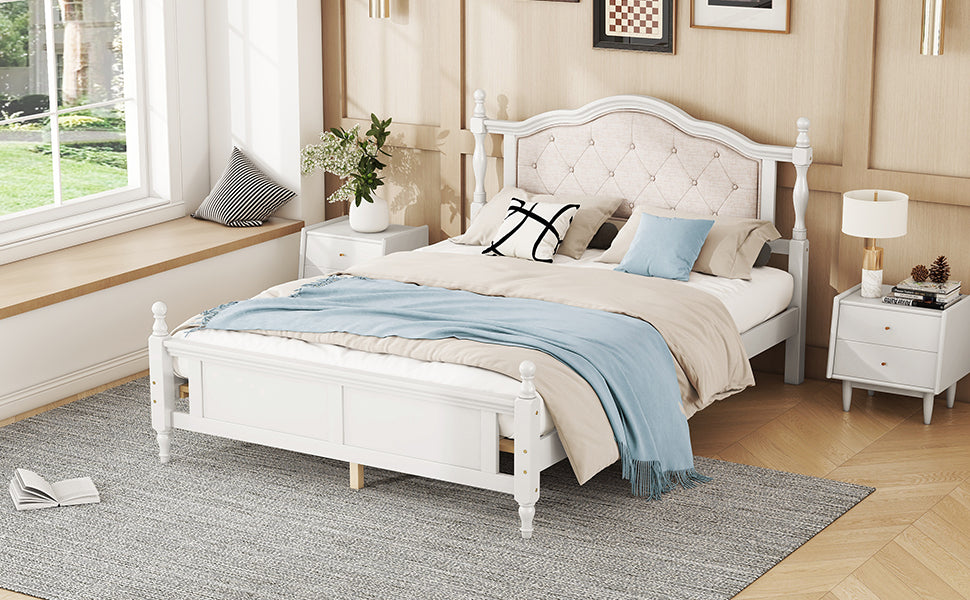 Queen Pine Wooden Bed With Upholstered Headboard And Panel Footboard, With Two Bed Rail Support Feet And Central Platform Support Feet ,White Queen White Pine