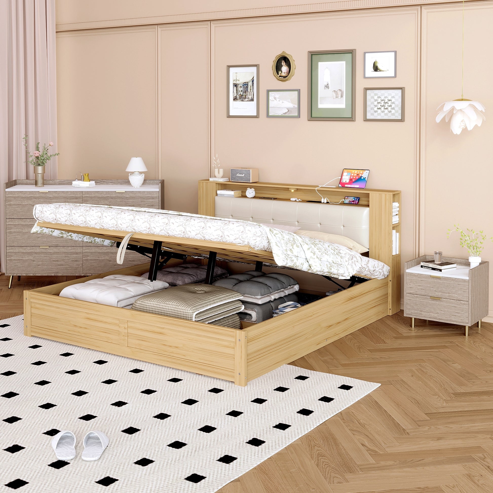 3 Pieces Bedroom Sets Queen Size Tufted Upholstered Platform Bed With Motion Activated Night Lights And Usb Charger, Modern Storage Nightstand And Dresser, Natural Queen Natural 3 Piece Set Wood