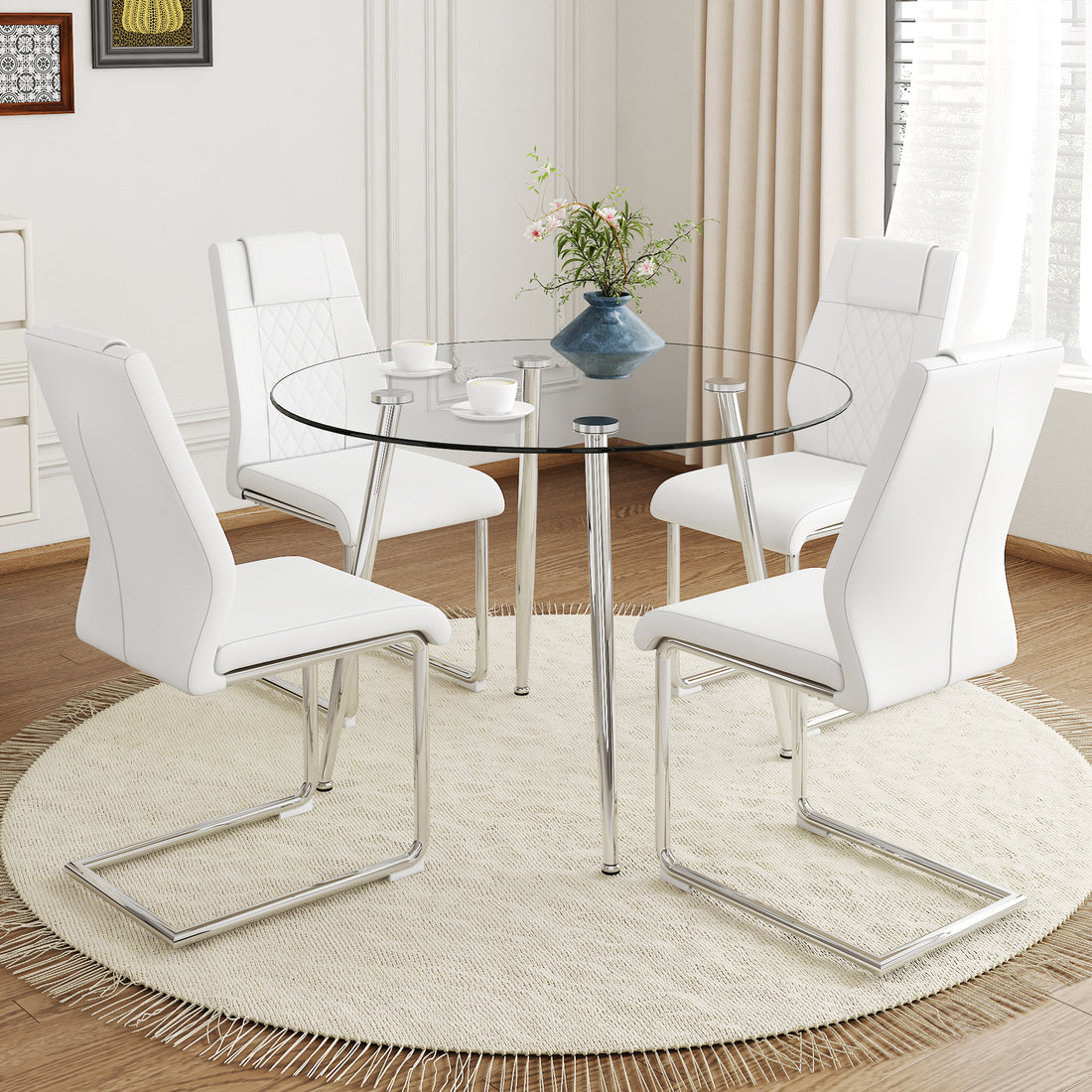 Table And Chair Set.A Modern Minimalist Round Dining Table With Transparent Tempered Glass Top And Silver Metal Legs,And 4 Chairs With Pu Backrest And Seat Cushion And Silver C Tube Metal Legs. Transparent,White Seats 4 Glass Metal