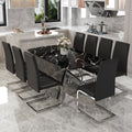 Table And Chair Set, Large Modern Minimalist Rectangular Dining Table, 0.39 Inch Black Imitation Marble Tabletop And Silver Metal Legs, Soft Leather Seats. F 1537 Silver Glass Metal