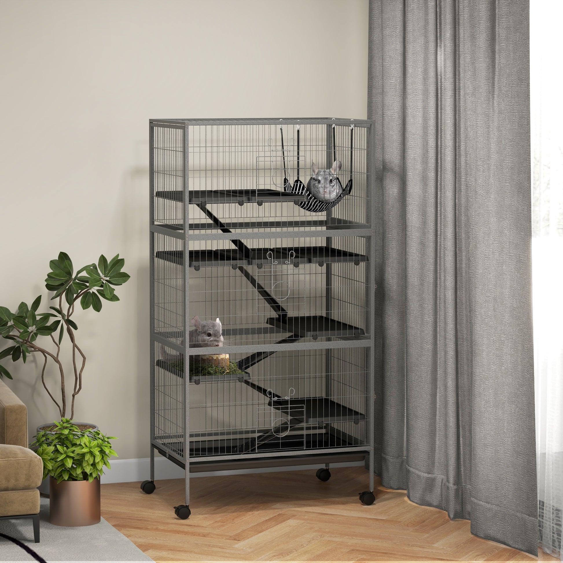 Pawhut 63" 6 Tier Small Animal Cage, Ferret Cage, Large Chinchilla Cage With Hammock Accessory & Heavy Duty Steel Wire, Small Animal Habitat With 6 Doors, Removable Tray, Gray Gray Iron Plastic