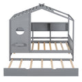 Wooden Twin Size House Bed With Trundle, Modern Design For Kids With Storage Shlef, Gray Twin Gray Solid Wood