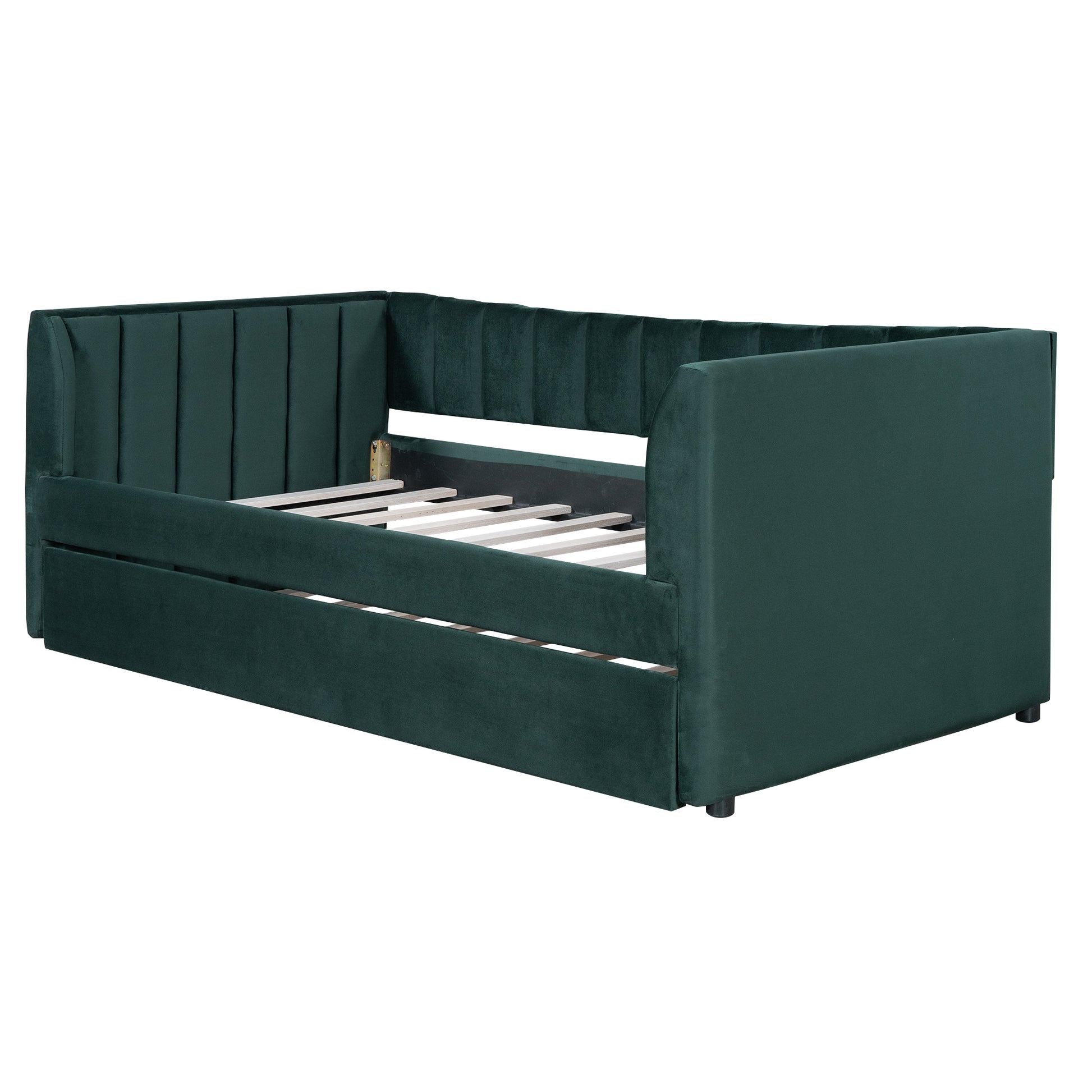 Twin Size Upholstered Velvet Daybed With Trundle, Green Box Spring Not Required Twin Green Wood Bedroom Bed Frame Velvet Upholstered