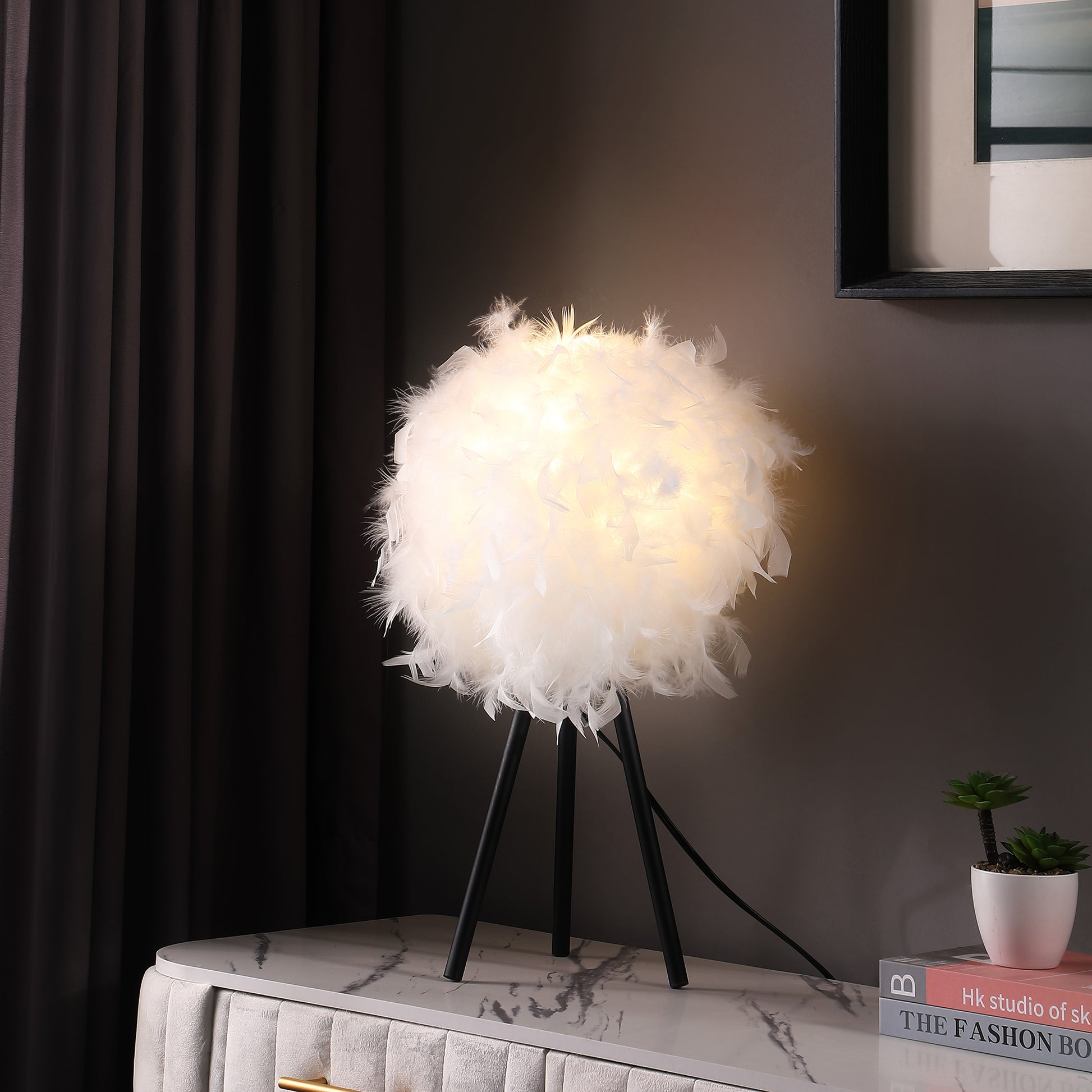 20.5" In Pure White Feather Shade Tripod Modern Metal Table Lamp White Polyester