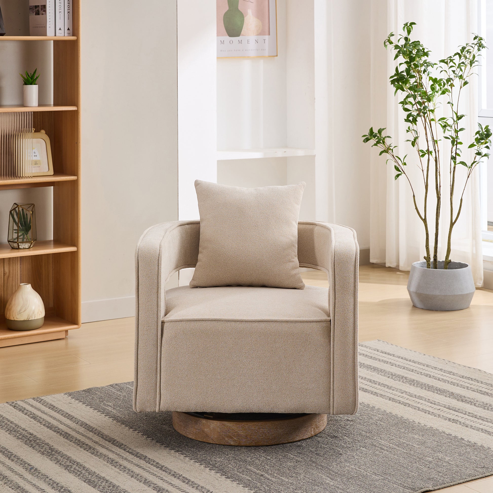 29.1"W Swivel Accent Open Back Chair Modern Comfy Sofa Chair With Weathered Base For Nursery Bedroom Living Room Hotel Office, Club Chair Leisure Arm Chair For Lounge Beige,Linen Blend Beige Linen Blend