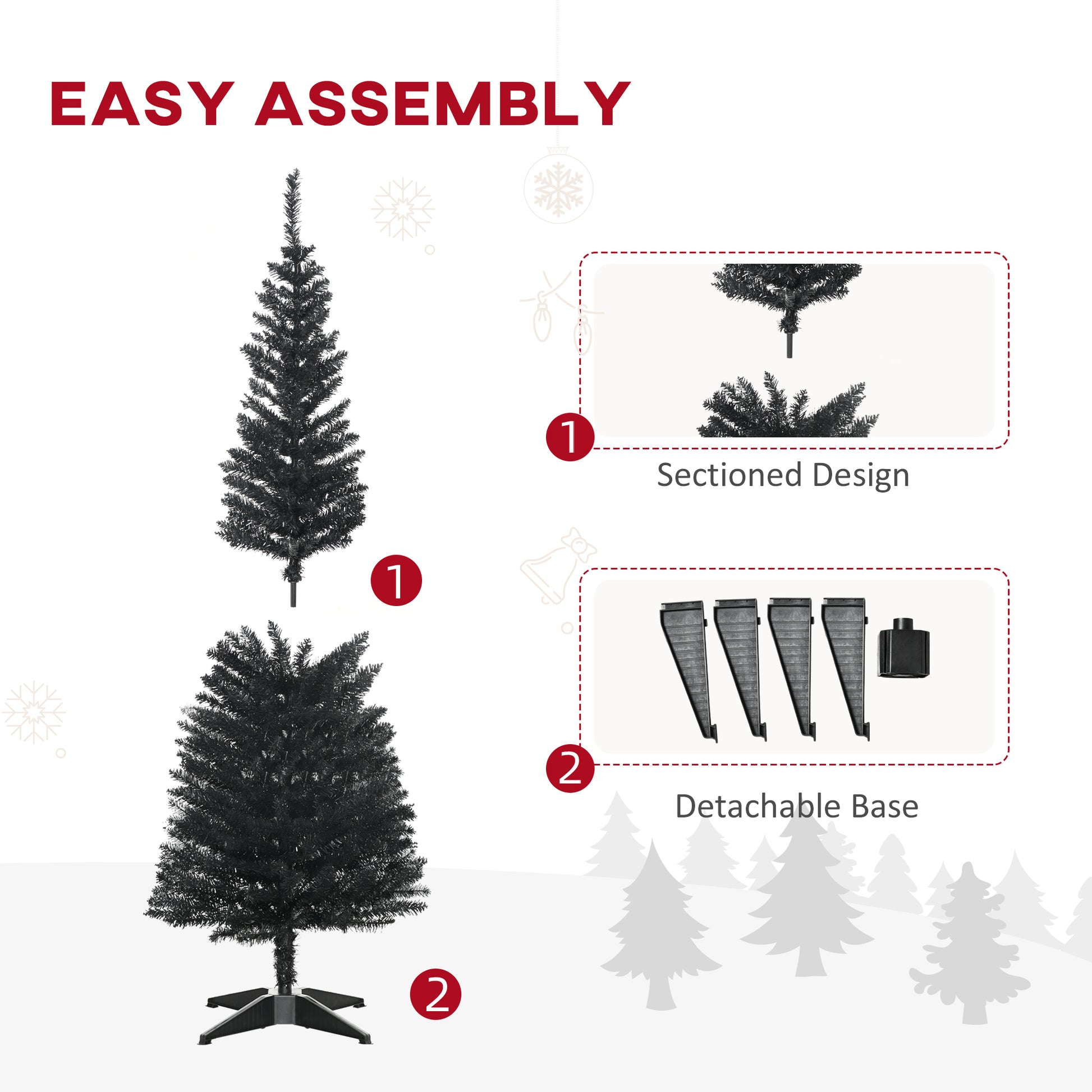 Homcom 5' Artificial Pencil Christmas Tree, Slim Xmas Tree With 294 Realistic Branch Tips And Plastic Stand, Black Black Plastic