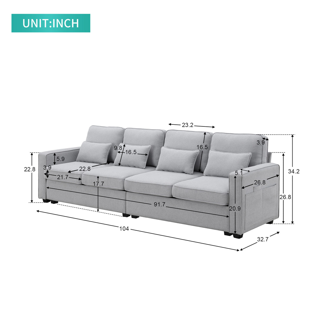 104" 4 Seater Modern Linen Fabric Sofa With Armrest Pockets And 4 Pillows,Minimalist Style Couch For Living Room, Apartment, Office,3 Colors Light Grey Fabric 4 Seat