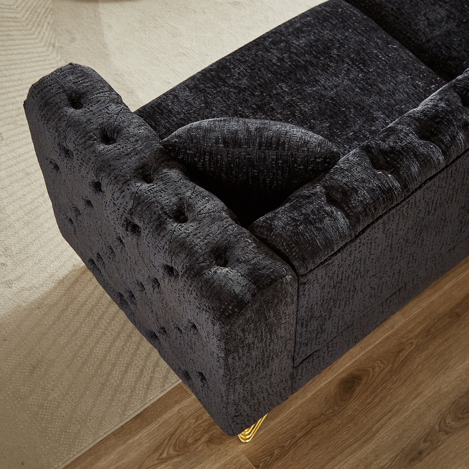 82 Inch Chenille Pull Buckle Design Sofa For Living Room,Buttons Tufted With Copper Nail Decoration Armrest, Modern Couch Upholstered Button And Metal Legs Black Foam Chenille 3 Seat