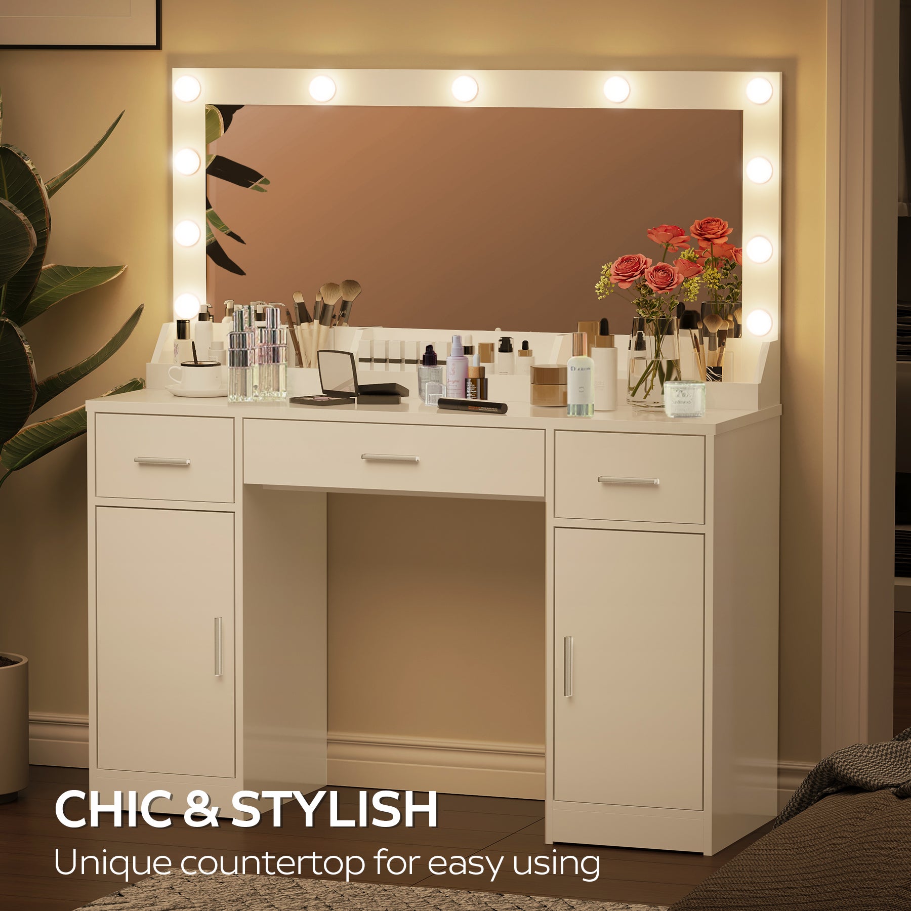 47.2"Vanity Desk With Large Mirror, 3 Colour Lighting Modes, Adjustable Brightness, Dresser With 3 Drawers & 2 Vertical Cabinets, Makeup Vanity Table For Women & Girls White White Particle Board