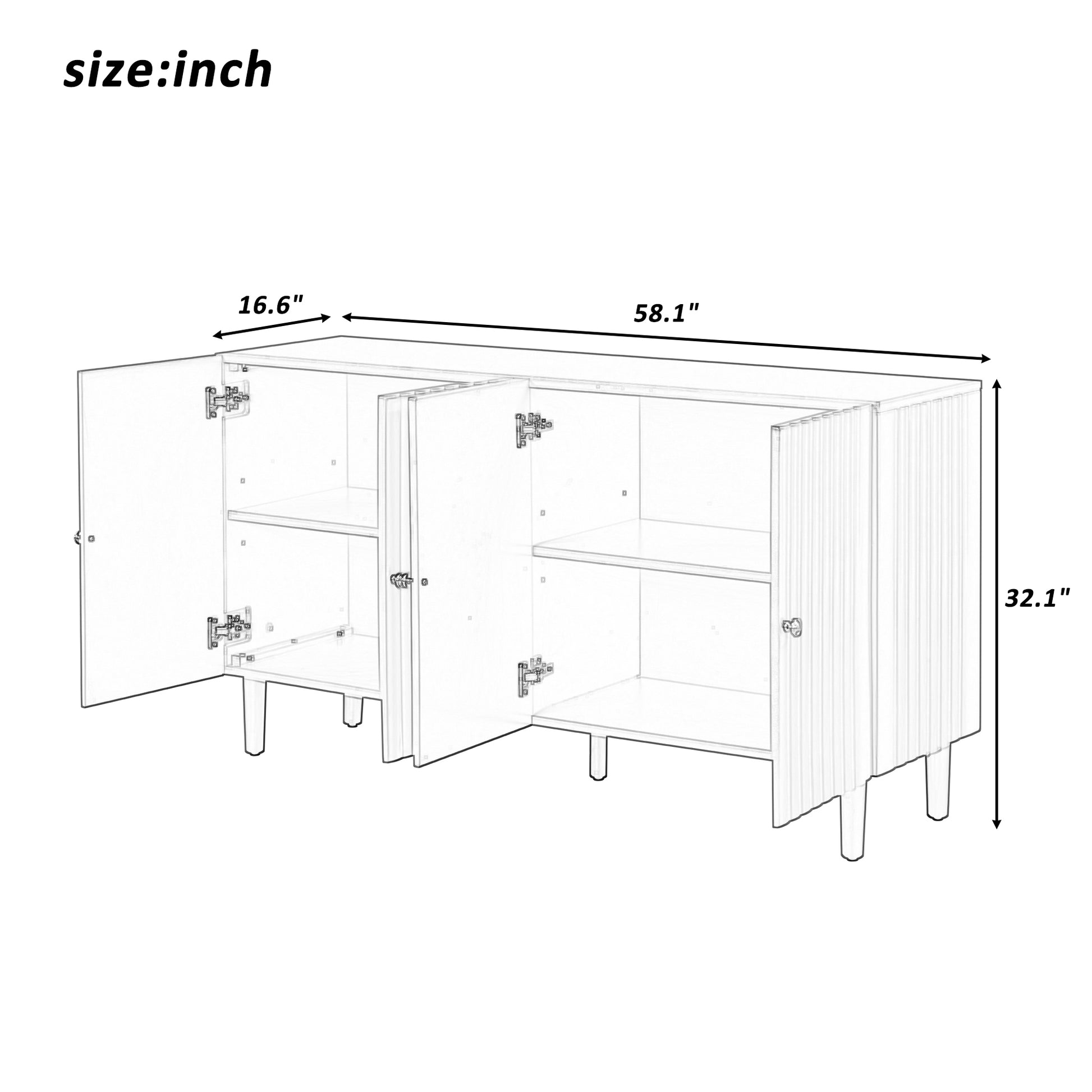 Elegant Four Door Sideboard With Wavy Pattern Doors, Cylindrical Legs, And Sleek Metal Handles, Adjustable, Suitable For Study, Entryway And Living Room Light Green Primary Living Space American