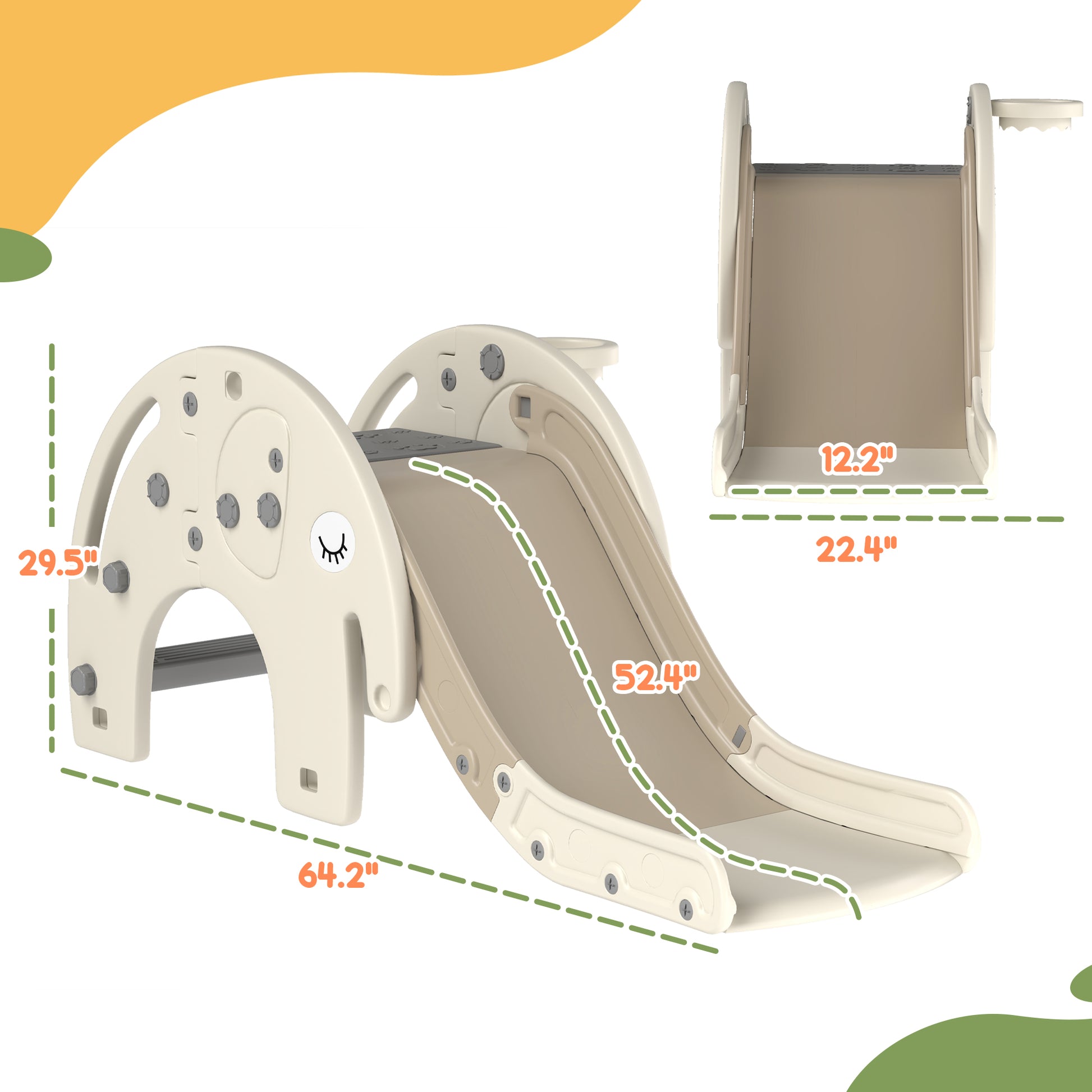 Qaba 3 In 1 Toddler Slide For Years 1 3, Kids Slide With Climber, Basketball Hoop, Elephant Shaped Indoor Slide, Cream White Cream White Hdpe