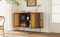 2 Door Elegant Curved Dining Cabinet With Gold Trim And Woven Rattan Doors For Dining Room Natural Natural Particle Board