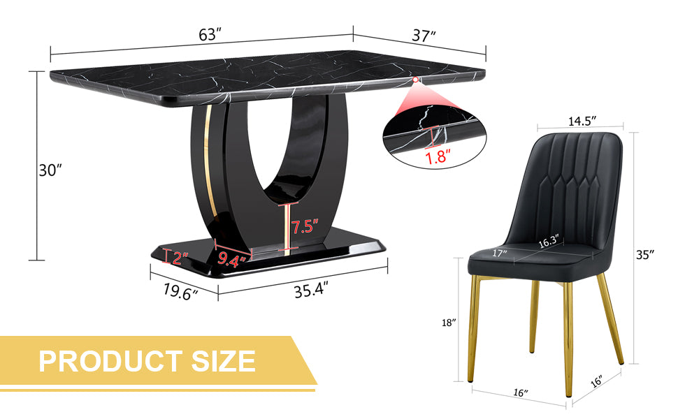 Table And Chair Set.63"W X 37"D X 30"H Black Marble Mdf Diningtable Set With 6 Black Pu Chairs With Gold Metal Legs.Bring A Comfortable Home Experience To The Kitchen, Bedroom, And Office.