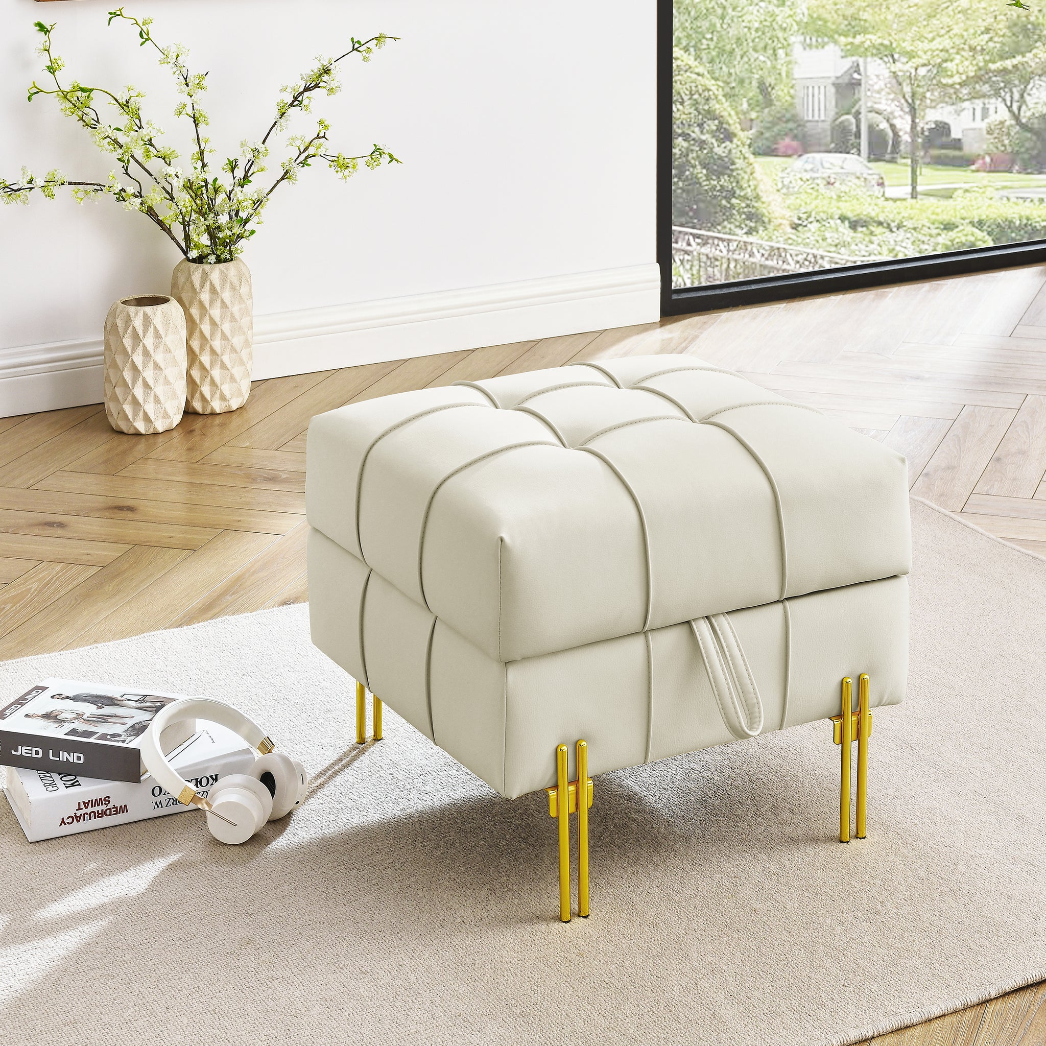 22 Inches Anti Scratch Leather Storage Ottoman, Pet Friendly Entryway Bench With Golden Stainless Steel Legs, Beige Beige Leather