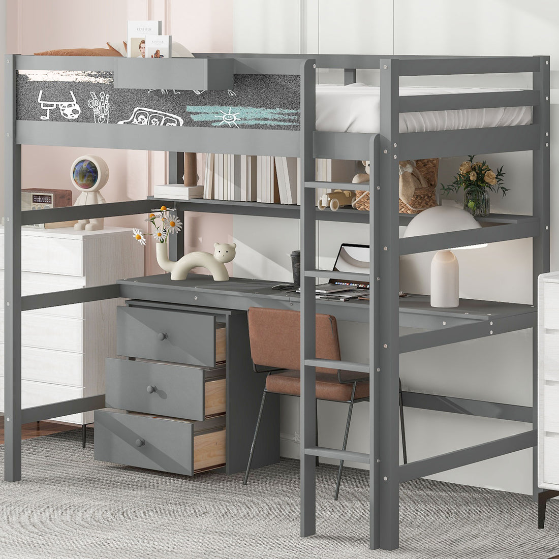 Wood Twin Size Loft Bed With Desk, Blackboard, Storage Box, Shelf And 3 Drawers, Gray Box Spring Not Required Twin Gray Wood Solid Wood Mdf