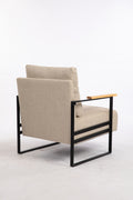 Leather Accent Chair Guest Chair For Living Room, Mid Century Armchair For Bedroom Khaki Linen