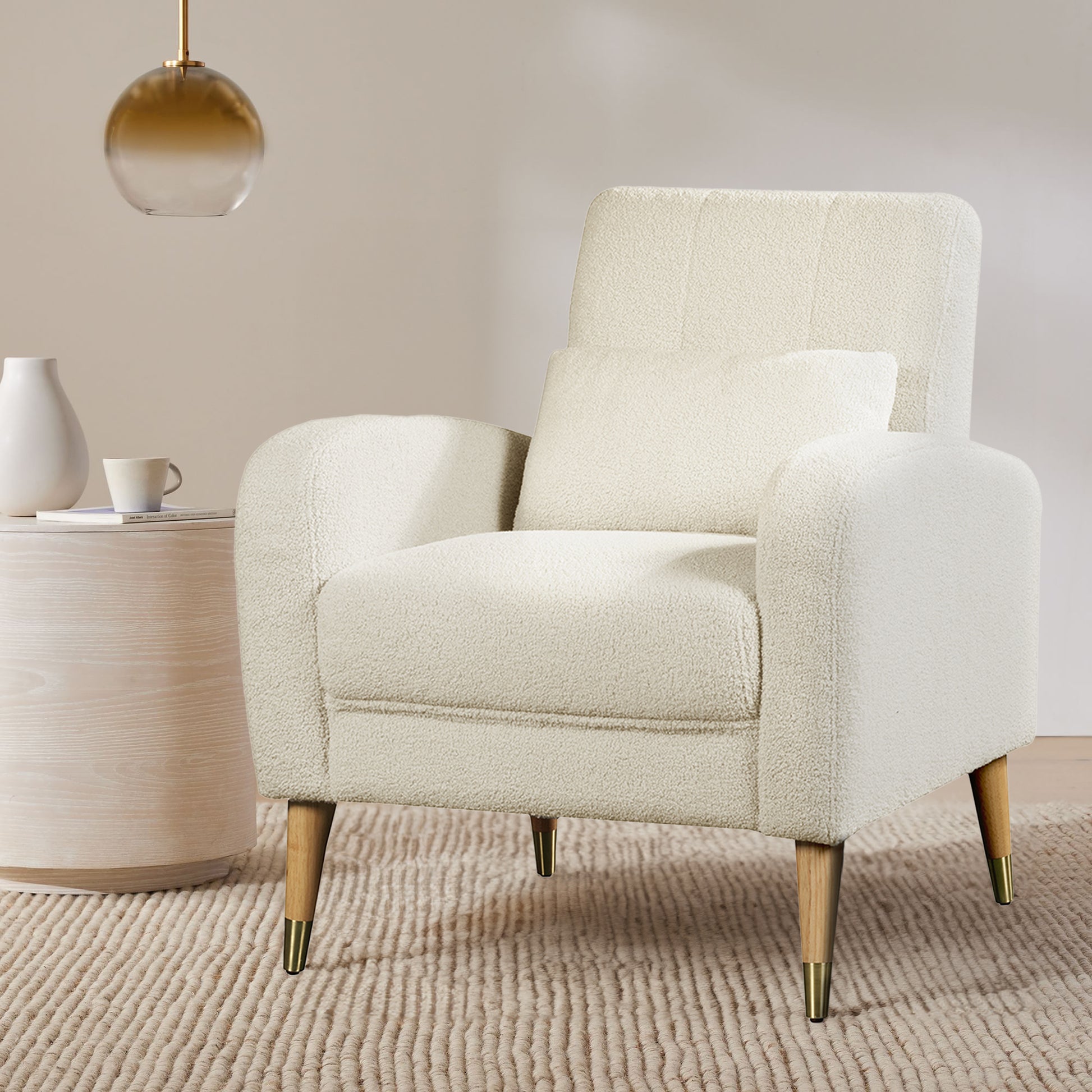 Mid Century Modern Accent Chair, Upholstered Armchair Living Room Chair, Comfy Single Sofa Chair With Metal Legs, Polyester Fabric Chair For Living Room Bedroom White Sherpa