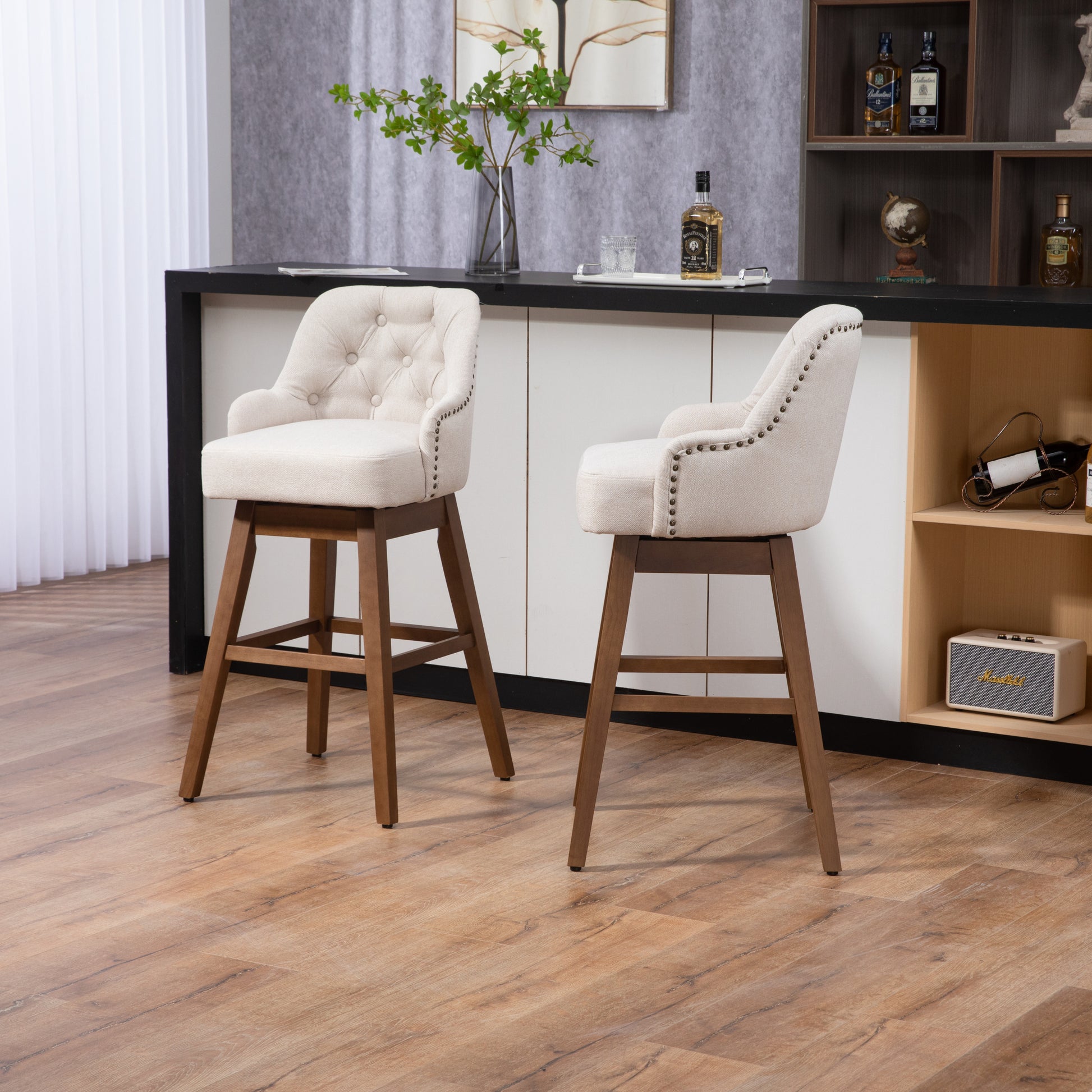 Coolmore Bar Stools Set Of 2 Counter Height Chairs With Footrest For Kitchen, Dining Room And 360 Degree Solid Wood Legs Swivel Bar Stools Set Of 2 Beige Linen Beige Foam Linen
