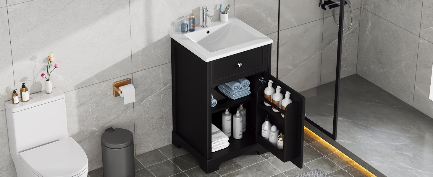 20" Bathroom Vanity With Sink, Bathroom Cabinet With Soft Closing Door, Storage Rack And Adjustable Shelve, Black Black Mdf