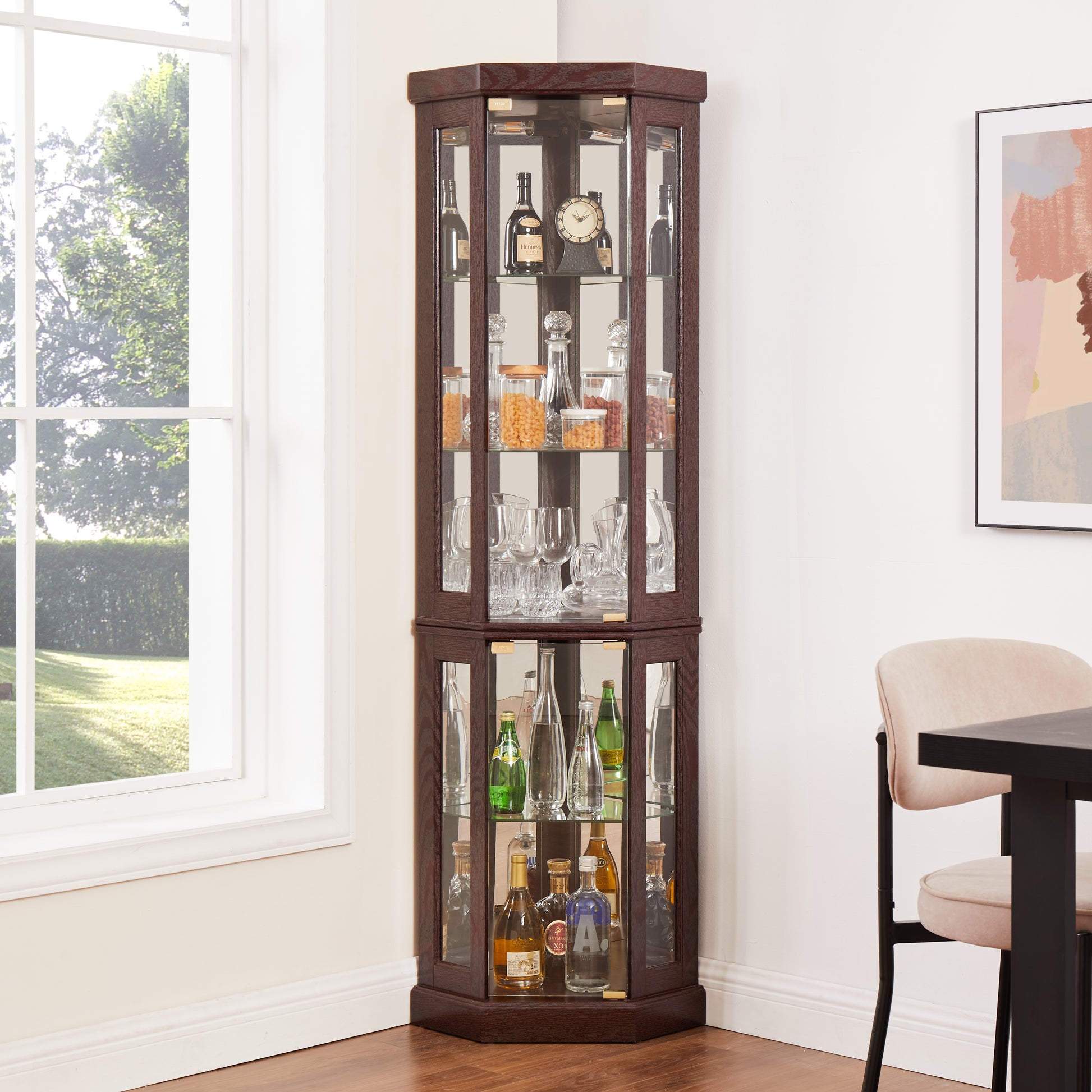 Corner Glass Cabinet Lighted Curio Cabinet Corner Display Case For Living Room, Curio Cabinet, Antique Collection, Wine,Bar Glass Storage Light Included,Dark Cherry Cherry Mdf Glass