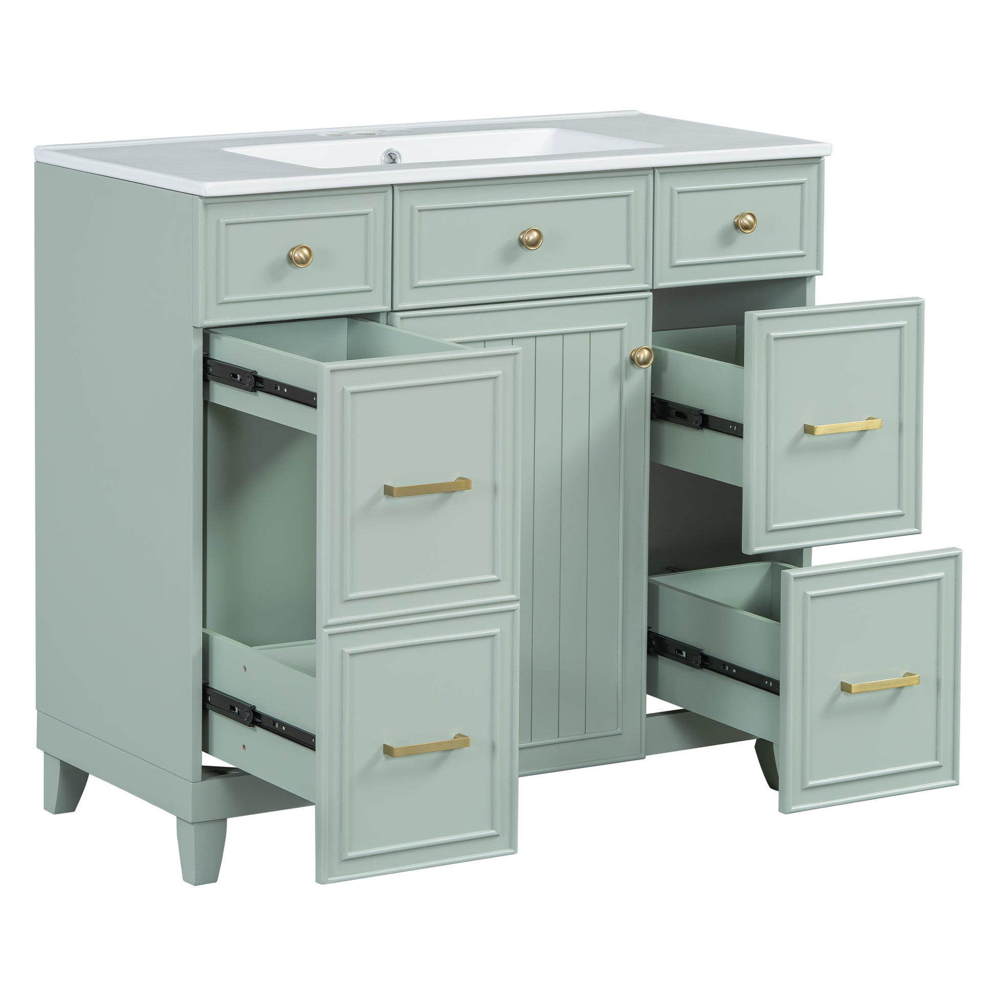 36" Bathroom Vanity With Ceramic Sink, Green, Solid Wood Frame, Soft Close Doors, Adjustable Shelves, 3 Drawers ,Including Double Depth Drawer For Hairdryer Storage Old Sku:Sv000003Aag 1 Green
