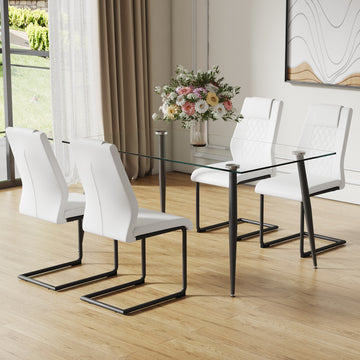 1 Table And 4 Chairs Set.Rectangular Table With Transparent Tempered Glass Tabletop And Black Metal Legs.Paired With 4 Chairs With Pu Leather Cushioned Seats And Black Metal Legs.Dt 1544 C 001 Transparent Glass Metal