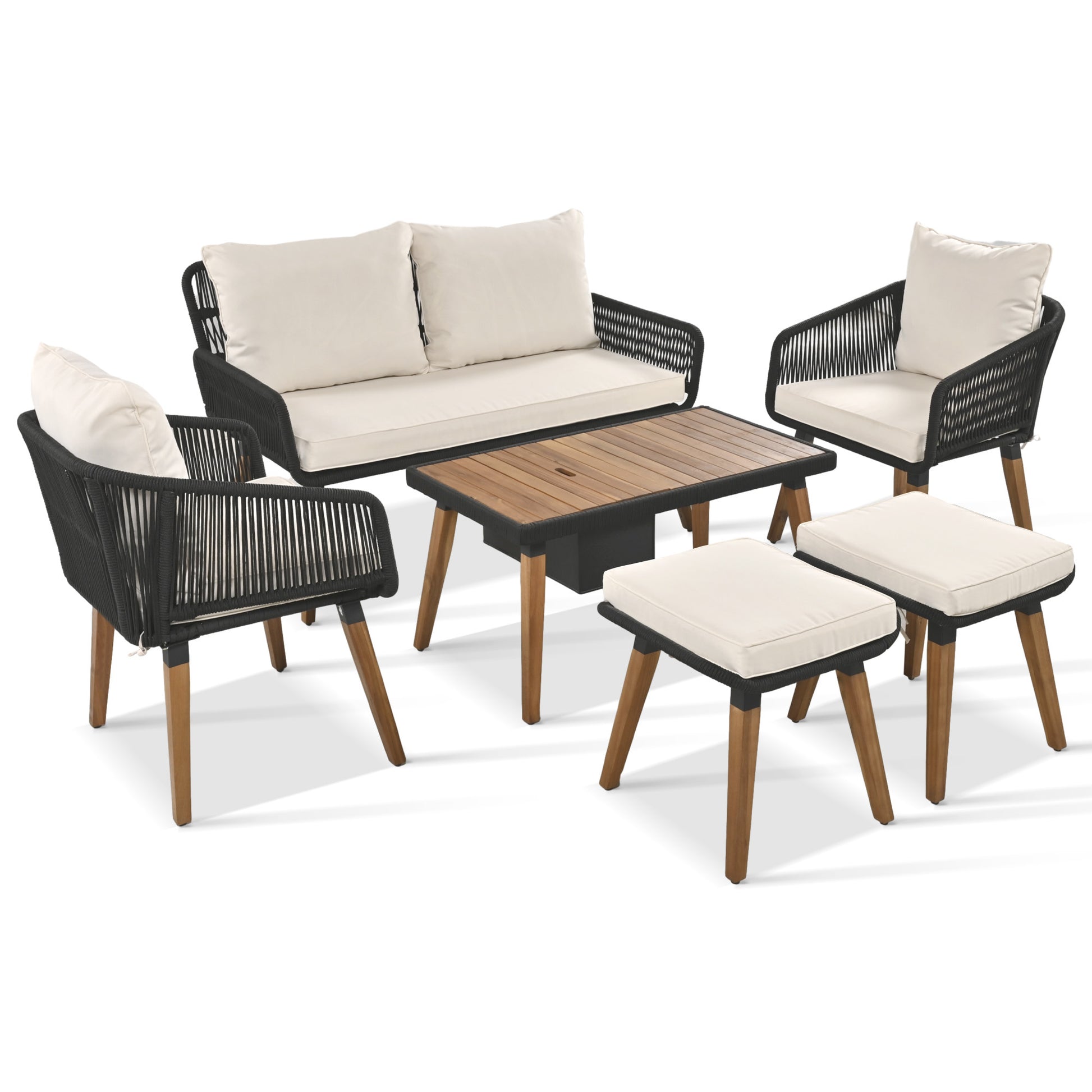 K&K 6 Piece Rope Patio Furniture Set, Outdoor Furniture With Acacia Wood Cool Bar Table With Ice Bucketdeep Seat Patio Conversation Set With Two Stools For Backyard Porch Balcony Black & Beige Yes Complete Patio Set Beige Black Seats 6 Weather Resistant