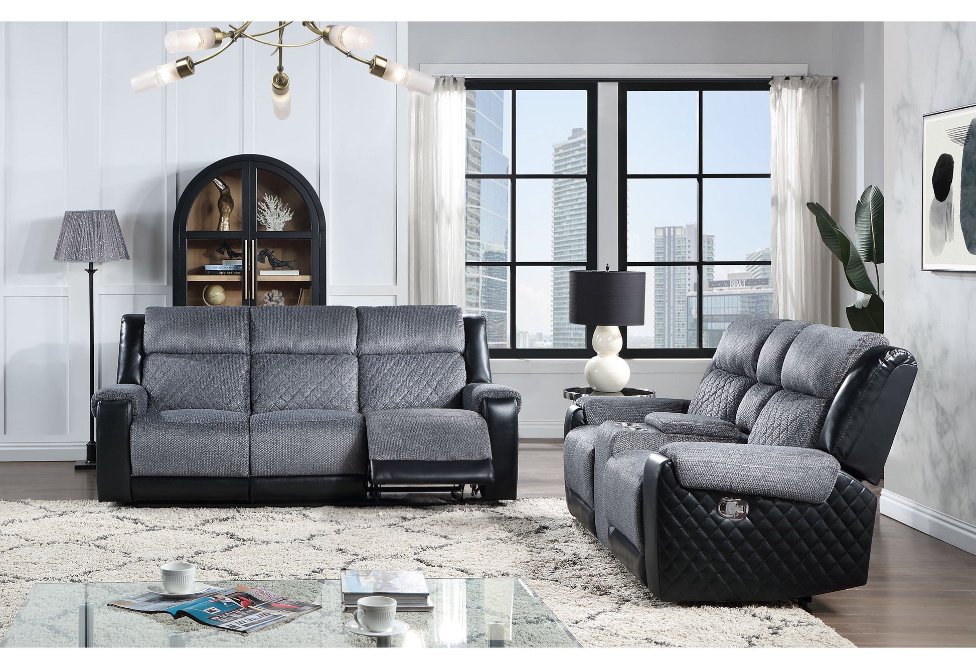 Alicia Grey Black Console Reclining Seat Gray Fabric