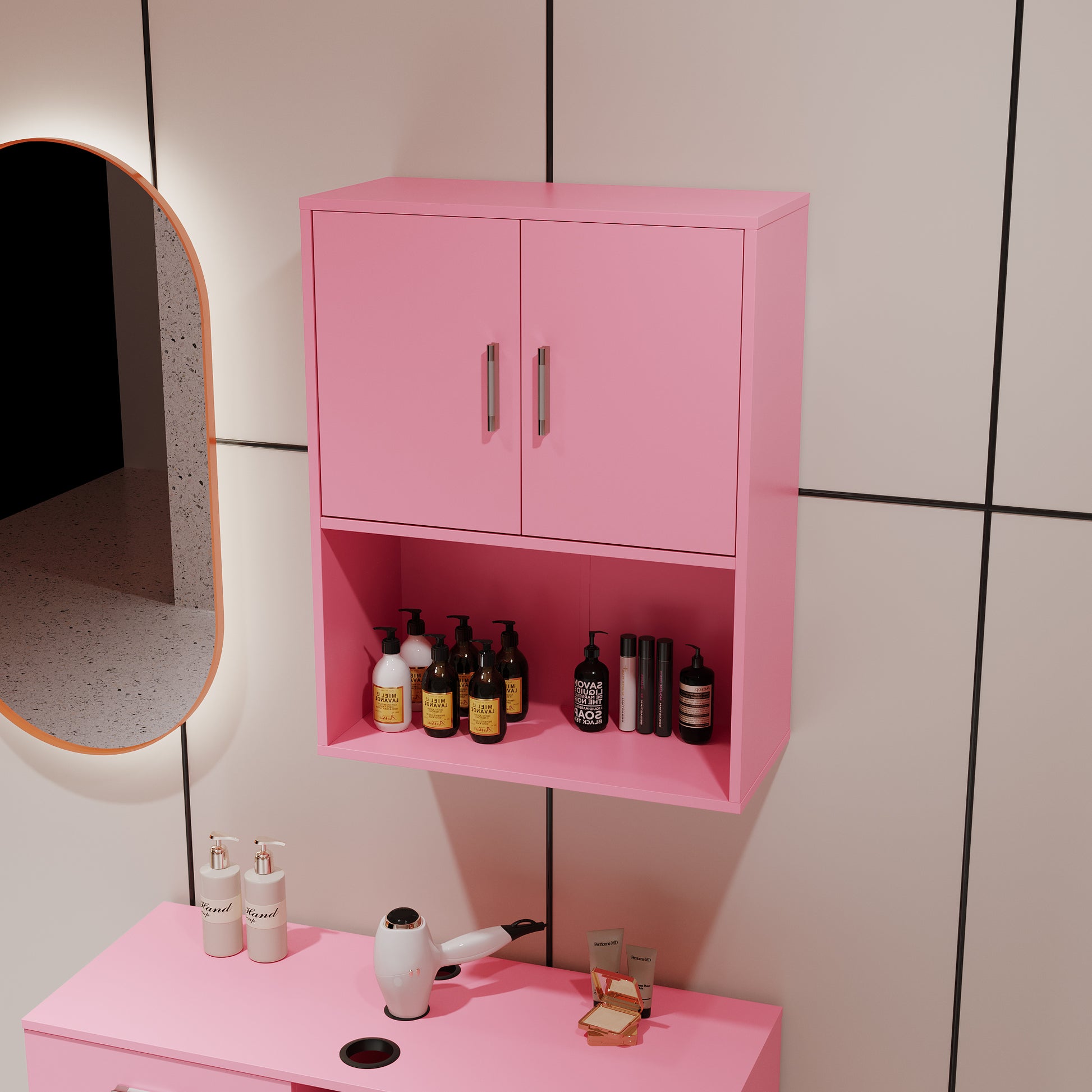 Wall Mounted Barber Shampoo Station Storage Cabinet Salon Beauty Spa Equipment For Barber Salon Shop Pink Particle Board Mdf