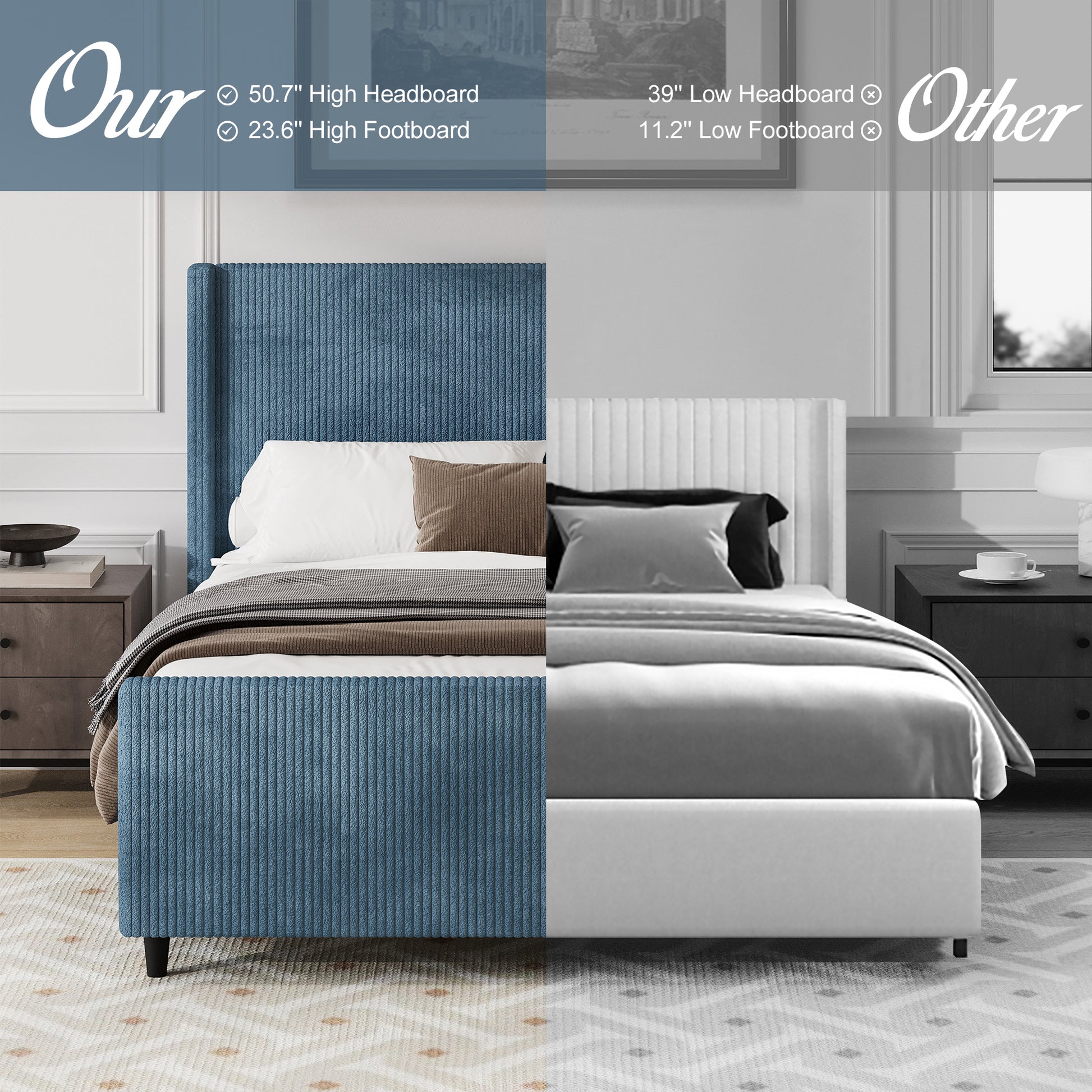 50.7'' High Headboard Corduroy Upholstered Bed Frame With Vertical Stripe Wingback And High Footboard No Box Spring Needed, Queen Size, Blue Box Spring Not Required Queen Blue Wood Bedroom Modern Bed Frame Wood