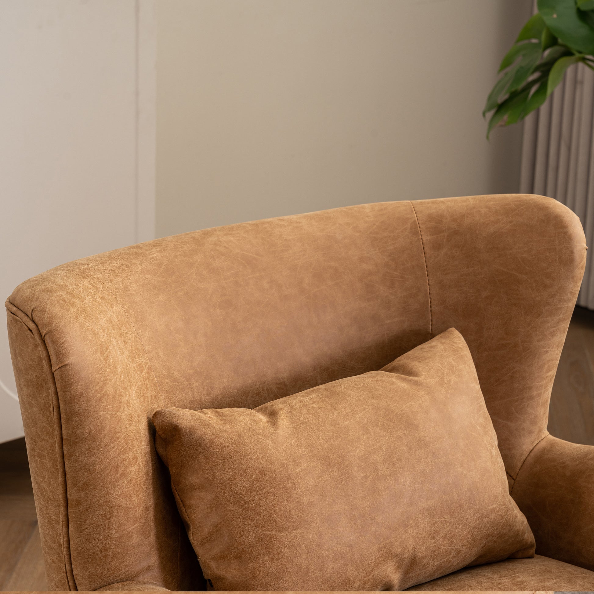Synthetic Leather Upholstered Swivel Chair, 360 Swivel Comfort Round Armchair, Single Sofa Chair With Lounge Seat For Bedroom Office Reading Space, Set Of 1 ,Brown Yellow Brown Yellow Wood
