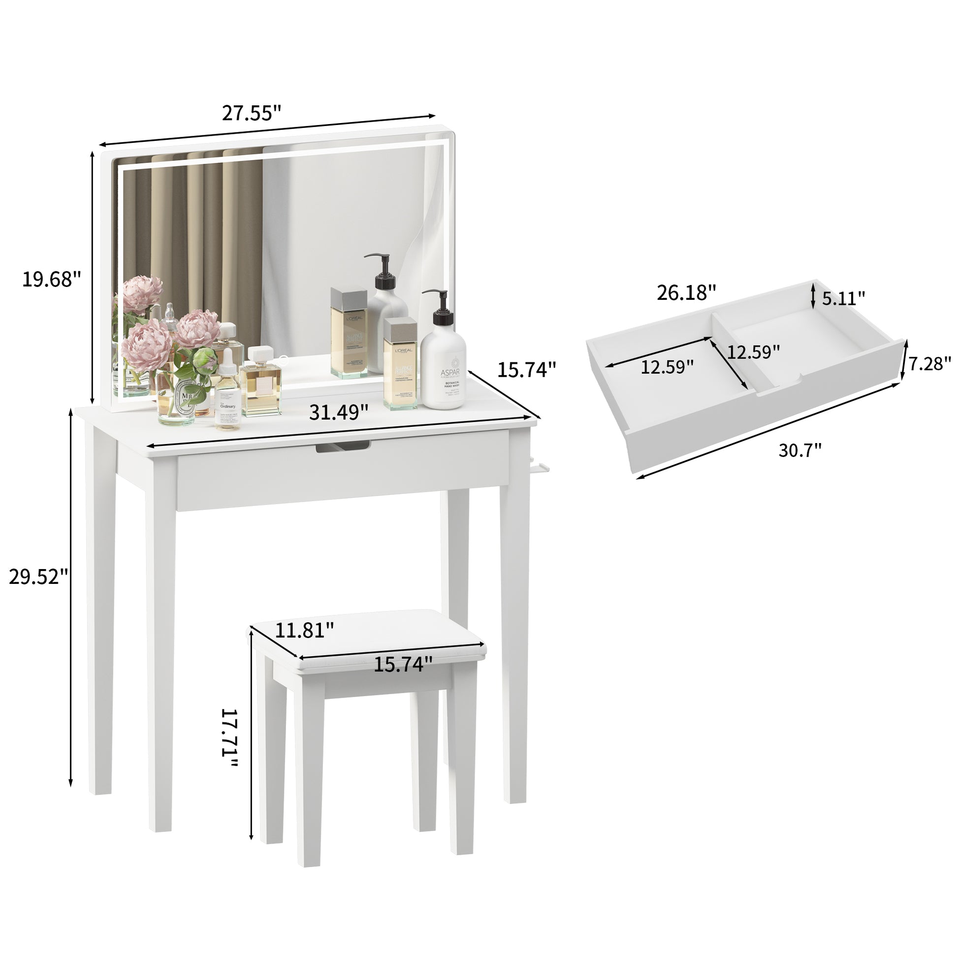 Vanity Desk Set With Mirror For Makeup, Makeup Table With 1 Drawer Storage Cosmetics, Vanity Dressing Table For Bedroom With Dimmable Led Light With Stool,White Finish White Drawer 1 Drawer Pine