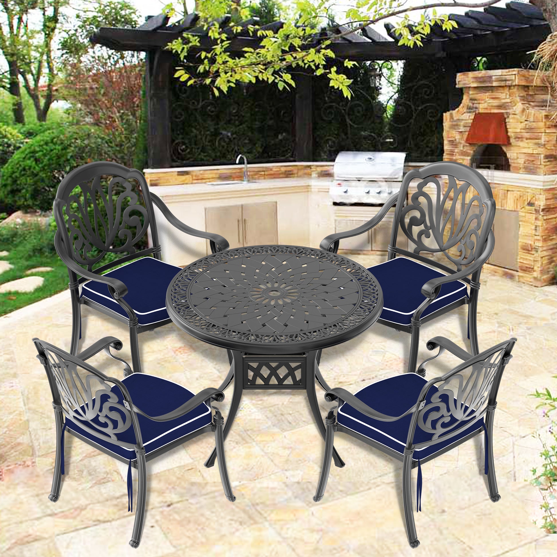 Cushions In Random Colors 5 Piece Set Of Cast Aluminum Patio Furniture With Cushions Yes Dining Set Black Seats 4 Rust Resistant Frame Water Resistant Cushion Garden & Outdoor Complete Patio Sets Aluminium
