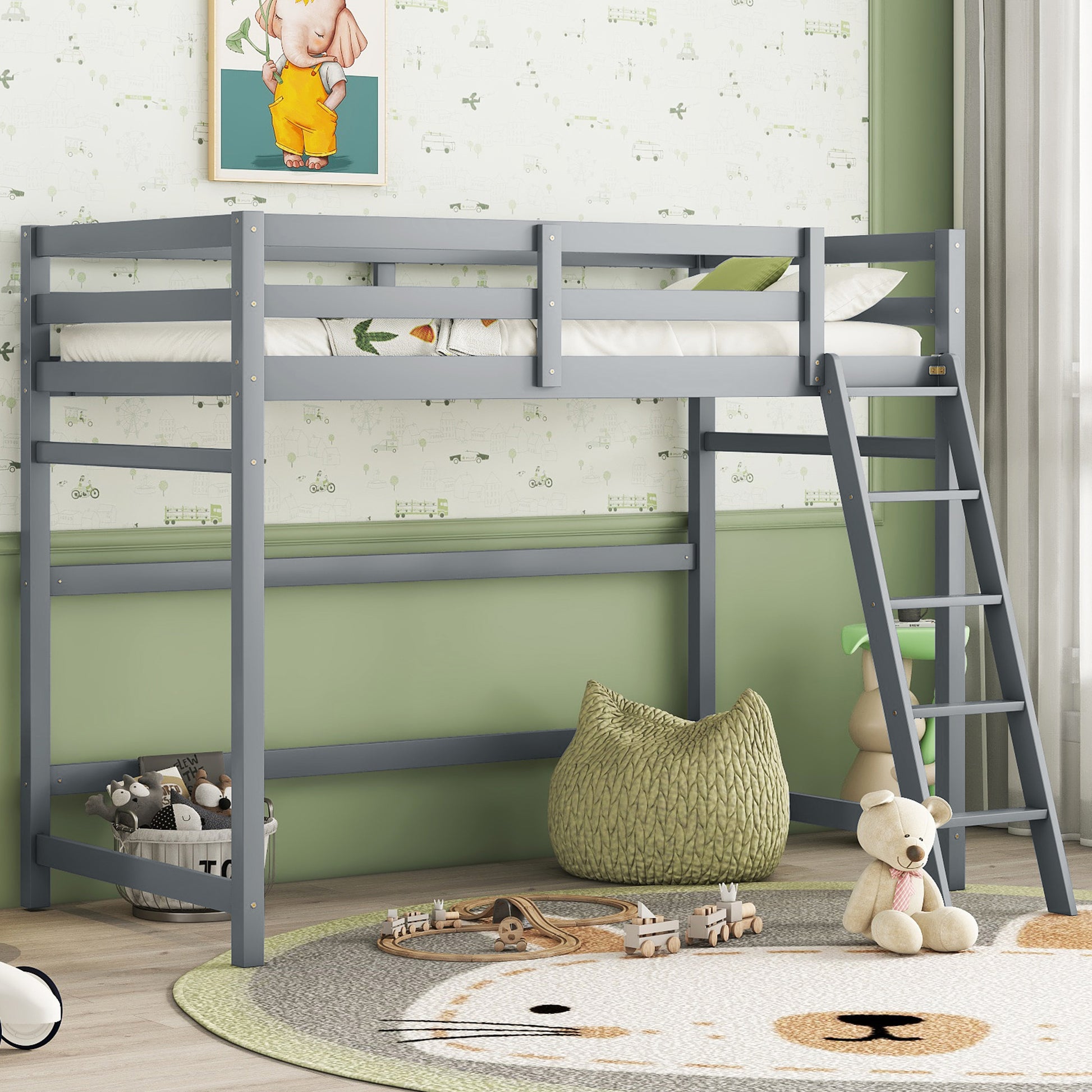 Twin Size High Loft Bed With Inclined Ladder, Guardrails,Grey Twin Grey American Design Pine