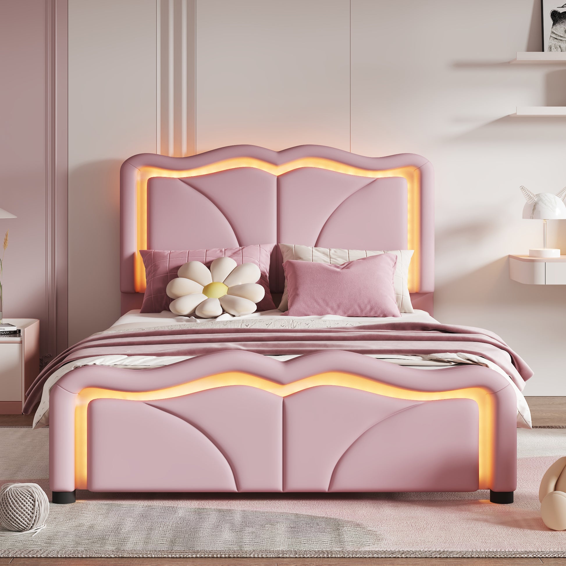 Twin Size Upholstered Platform Bed With Curve Shaped And Height Adjustbale Headboard,Led Light Strips,Pink Twin Pink Upholstered