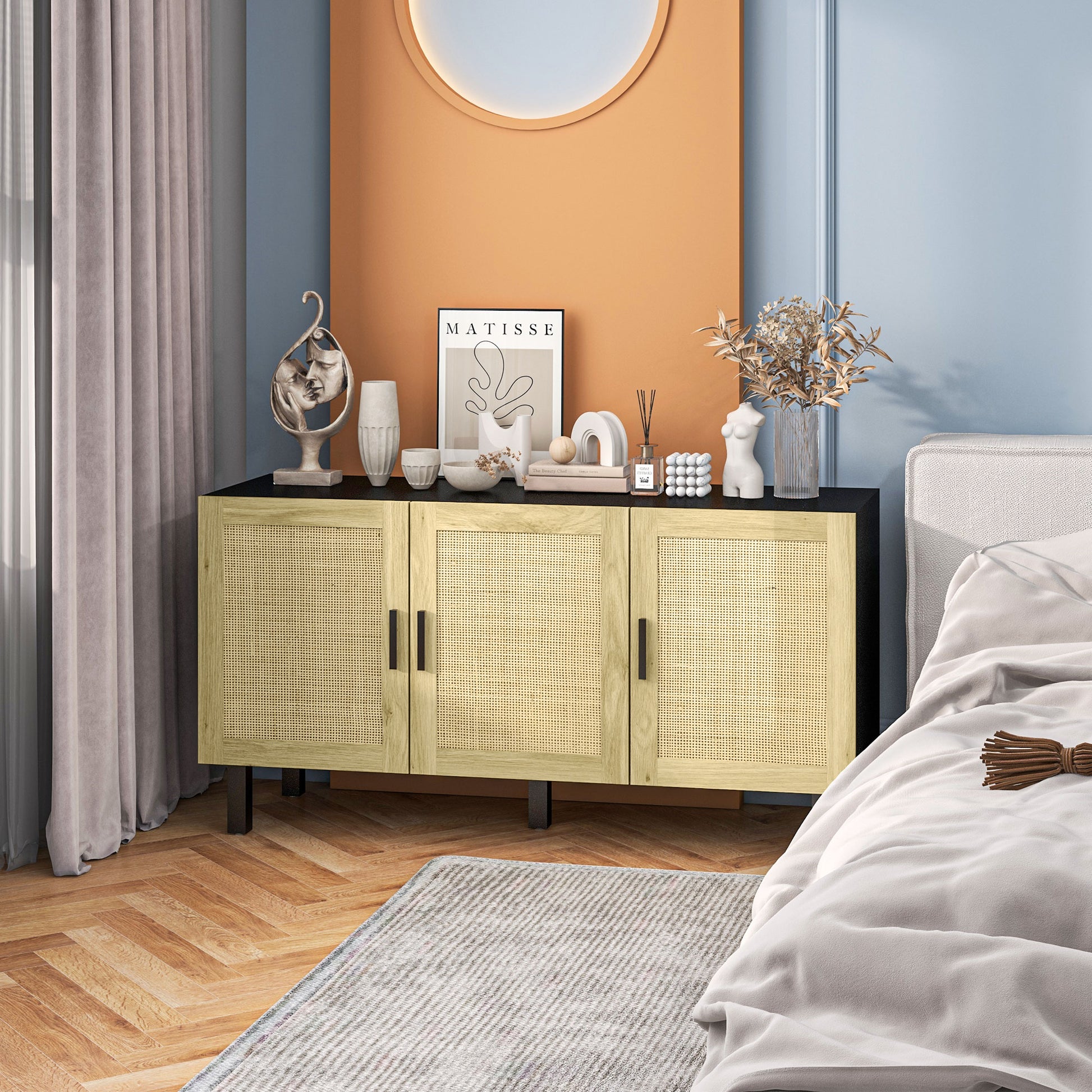 Homcom Sideboard Buffet Cabinet, Kitchen Cabinet, Coffee Bar Cabinet With 3 Rattan Doors And Adjustable Shelves, Black And Natural Black Natural Particle Board