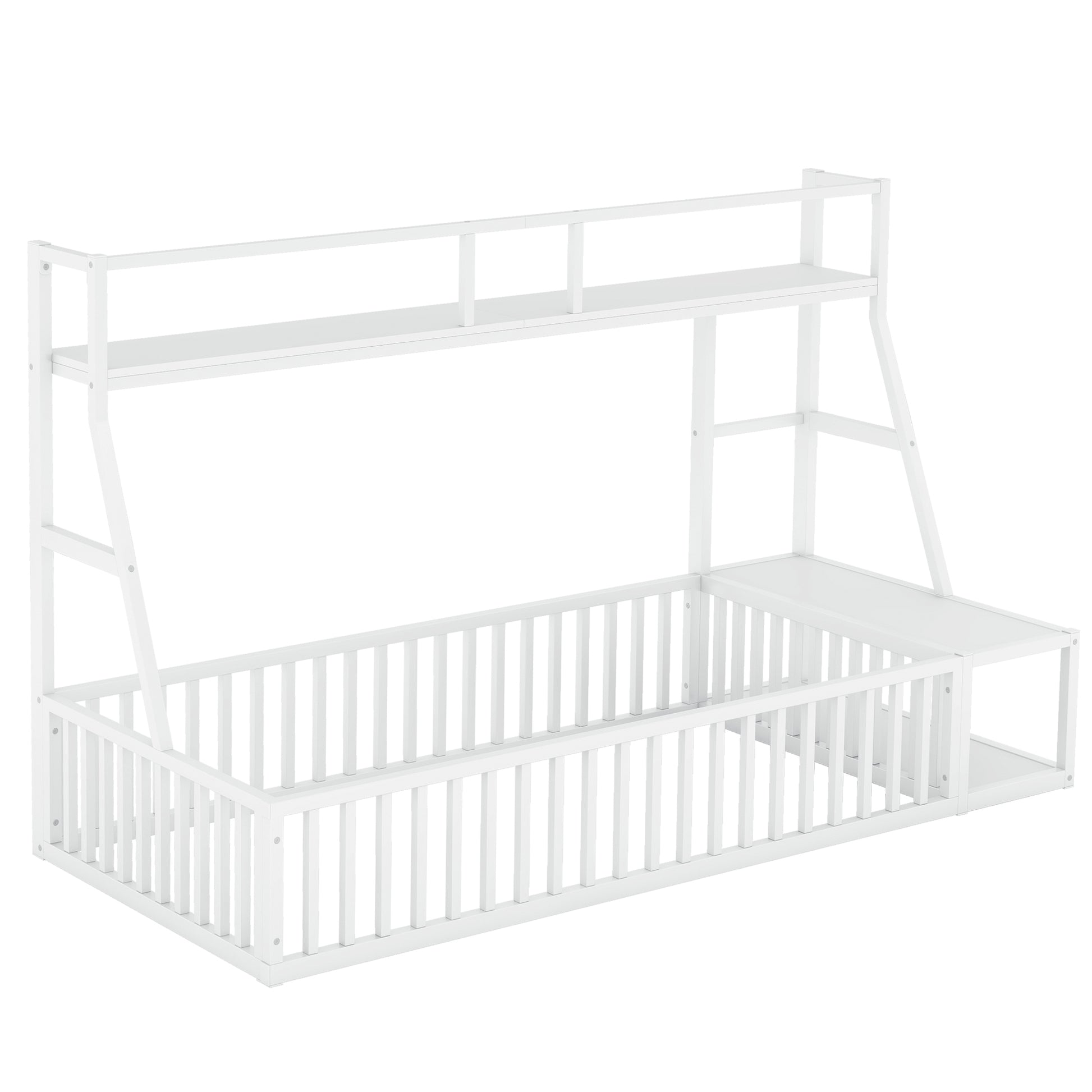 Twin Size Floor Bed Frame With Safety Fence, Metal Floor Bed With Desk And Storage Shelves, Playhouse For Kids, White Twin Off White Metal
