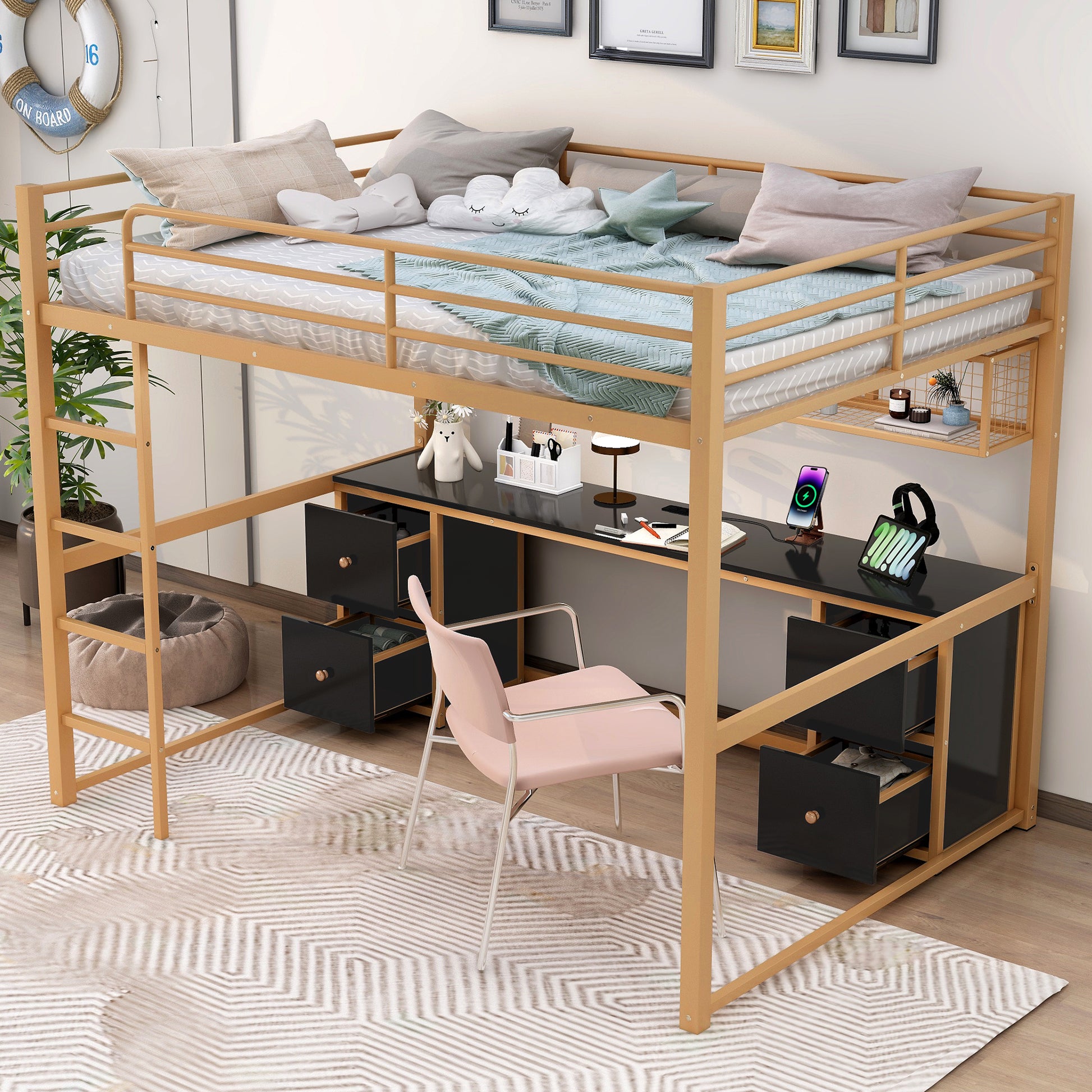 Full Size Metal Loft Bed With Desk, Drawers And Bedside Tray, Charging Station, Usb And Socket Full Gold Black Mdf Metal