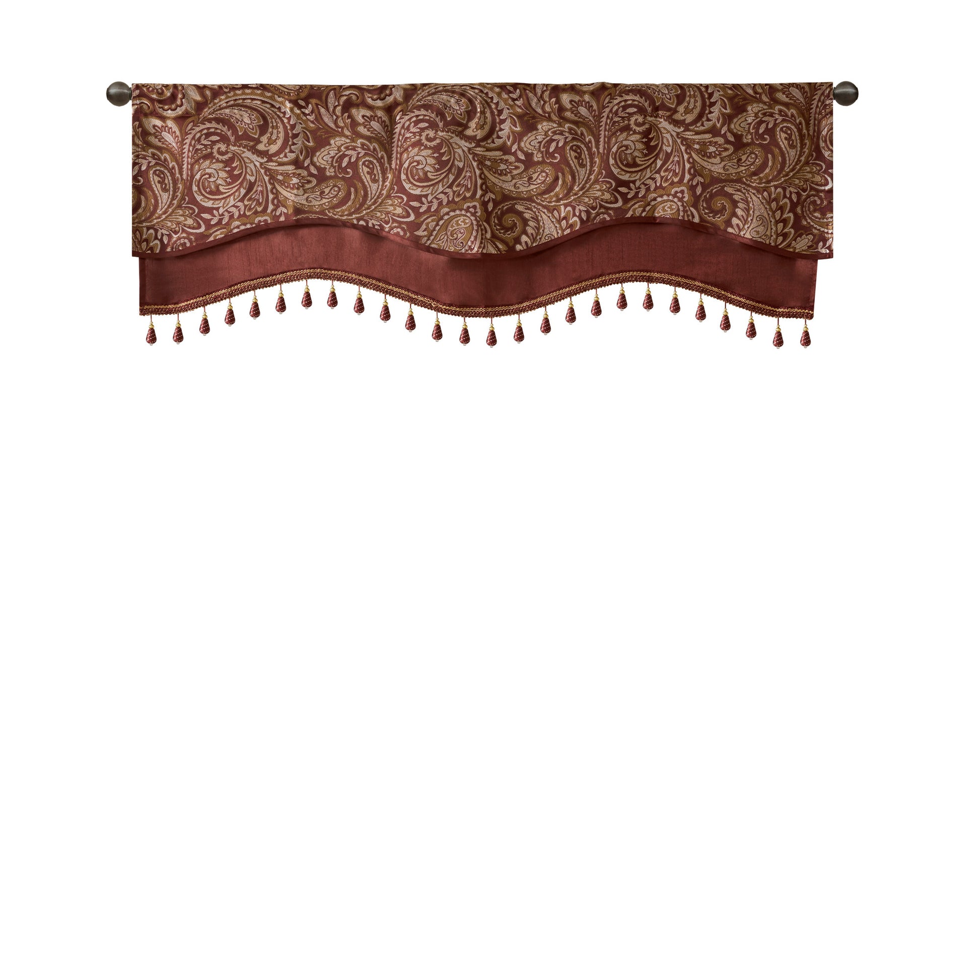 Jacquard Window Rod Pocket Valance With Beads Burdy 50X18" Burgundy Polyester