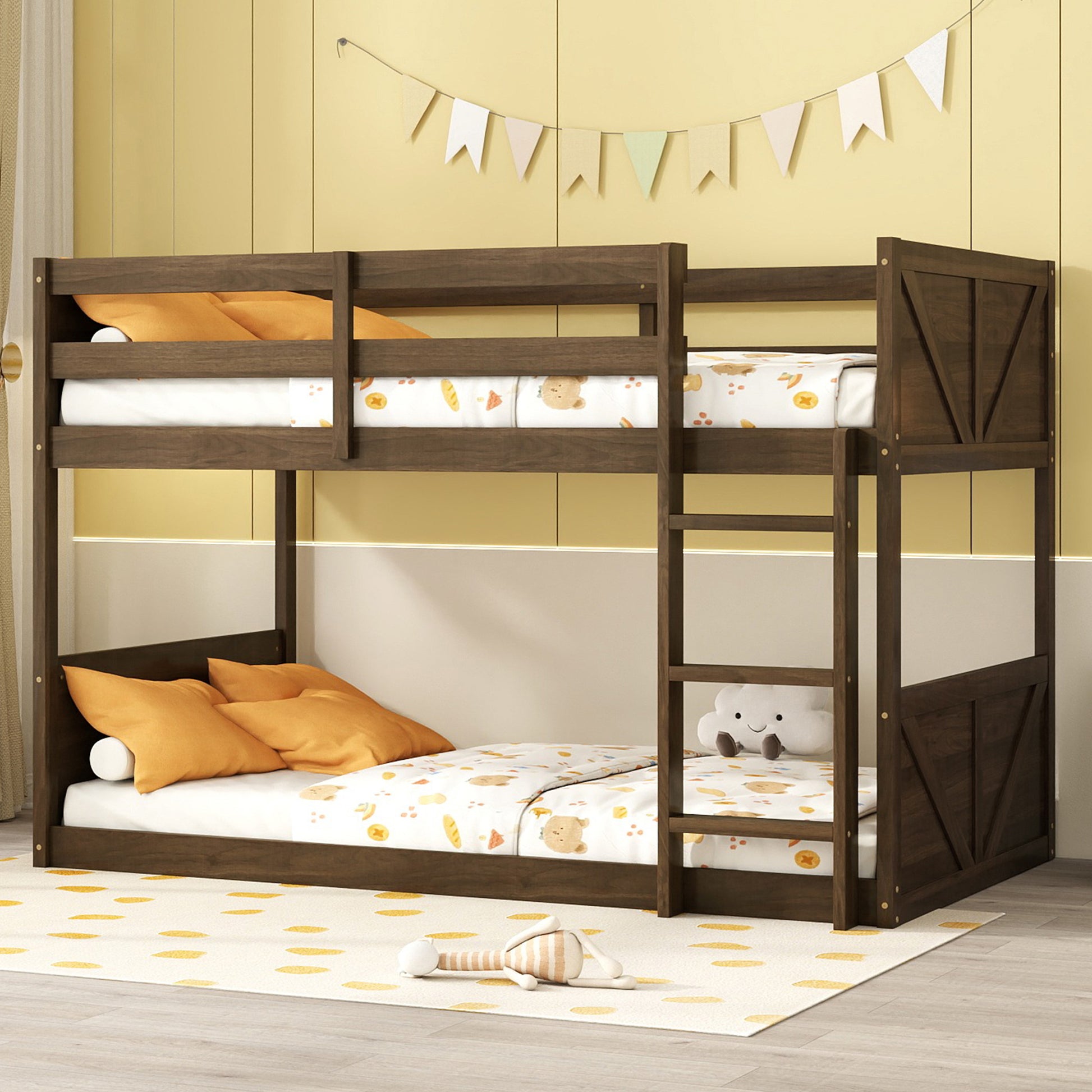 Twin Over Twin Floor Bunk Bed With Panelled Headboard And Footboard, Solid Rubber Wood Foundation With Safety Guardrails, Built In Ladder,Antique Oak Twin Antique Dark Oak Rubber Wood