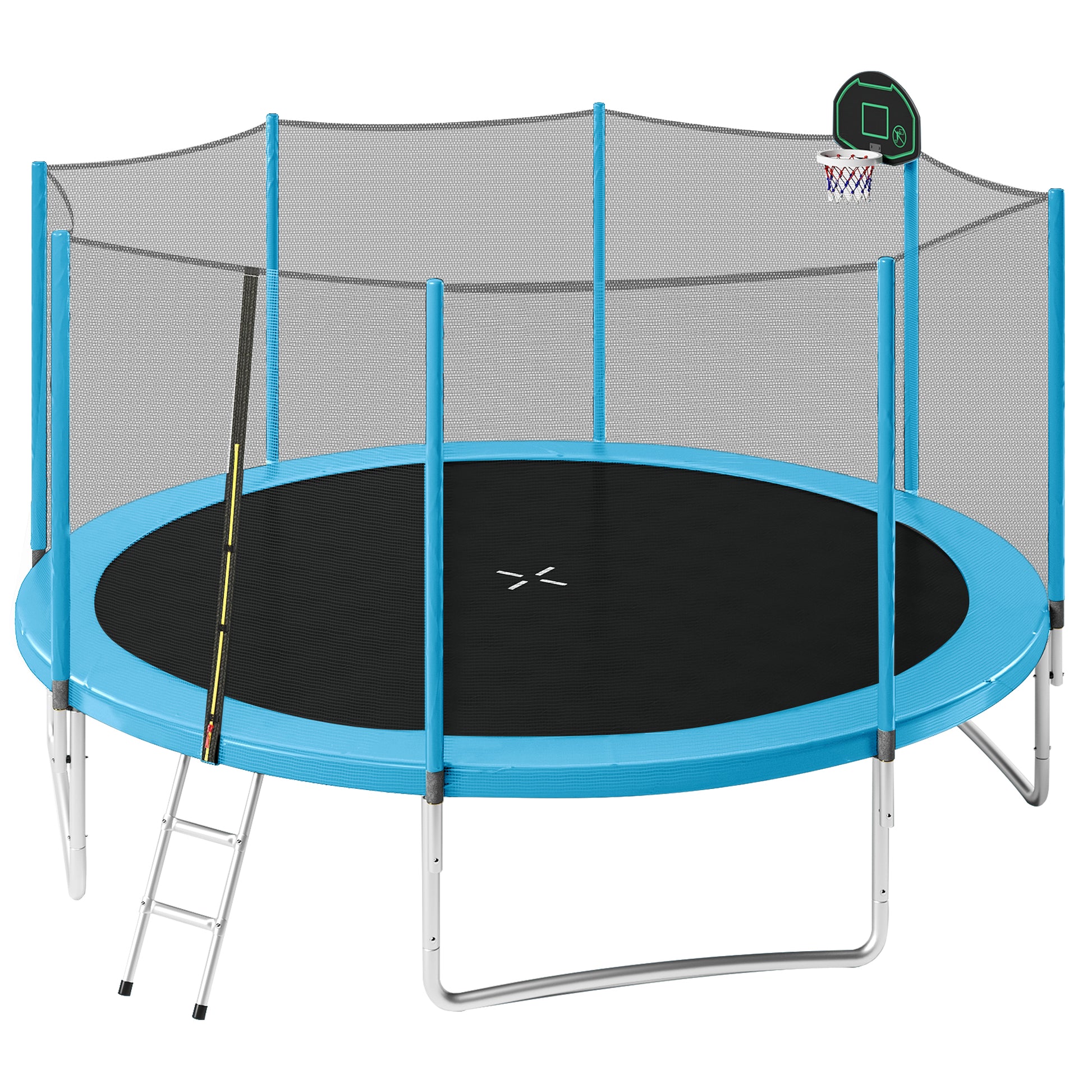 14Ft Trampoline For Kids With Safety Enclosure Net, Basketball Hoop And Ladder, Easy Assembly Round Outdoor Recreational Trampoline Blue Metal